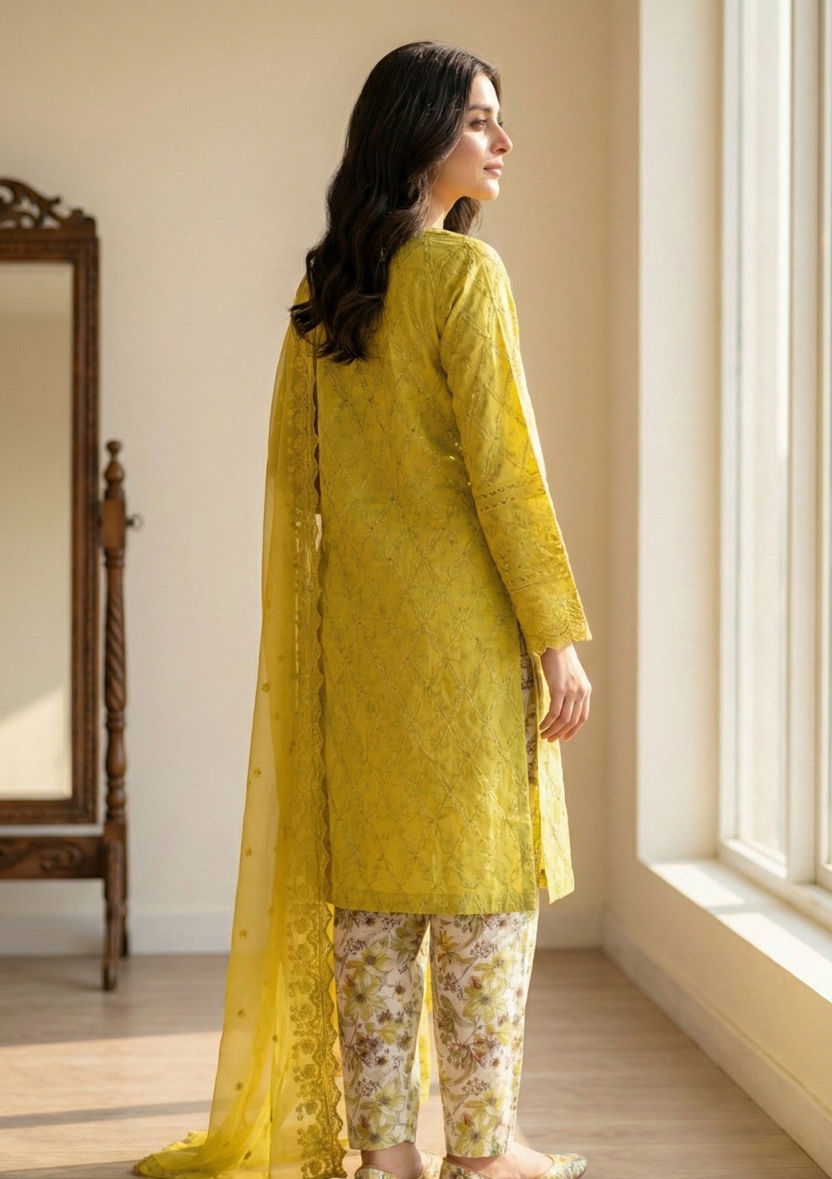 D#14 - Lemon - 3 pc - Printed Embroidered - R Prints Lawn 26
