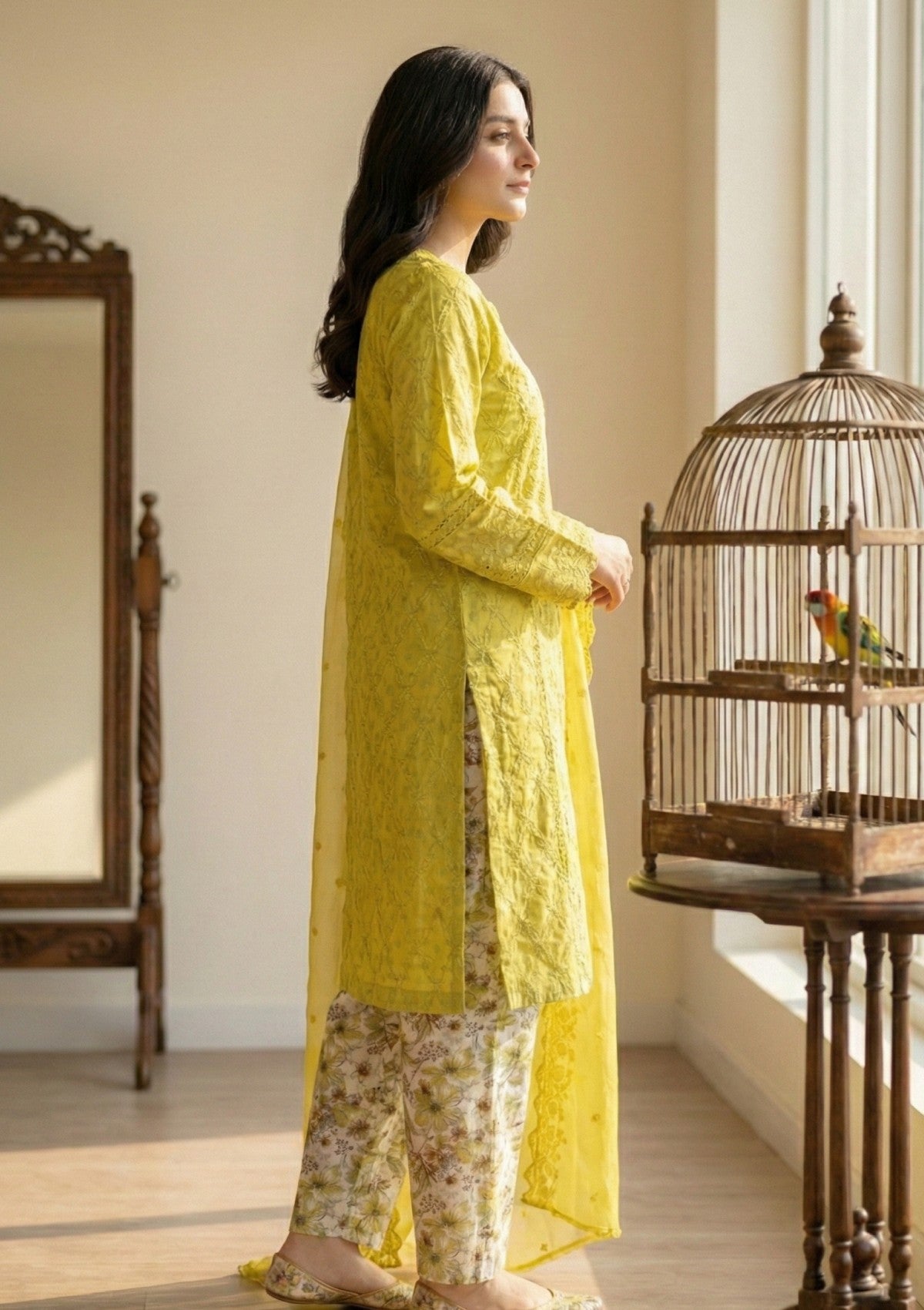 D#14 - Lemon - 3 pc - Printed Embroidered - R Prints Lawn 26