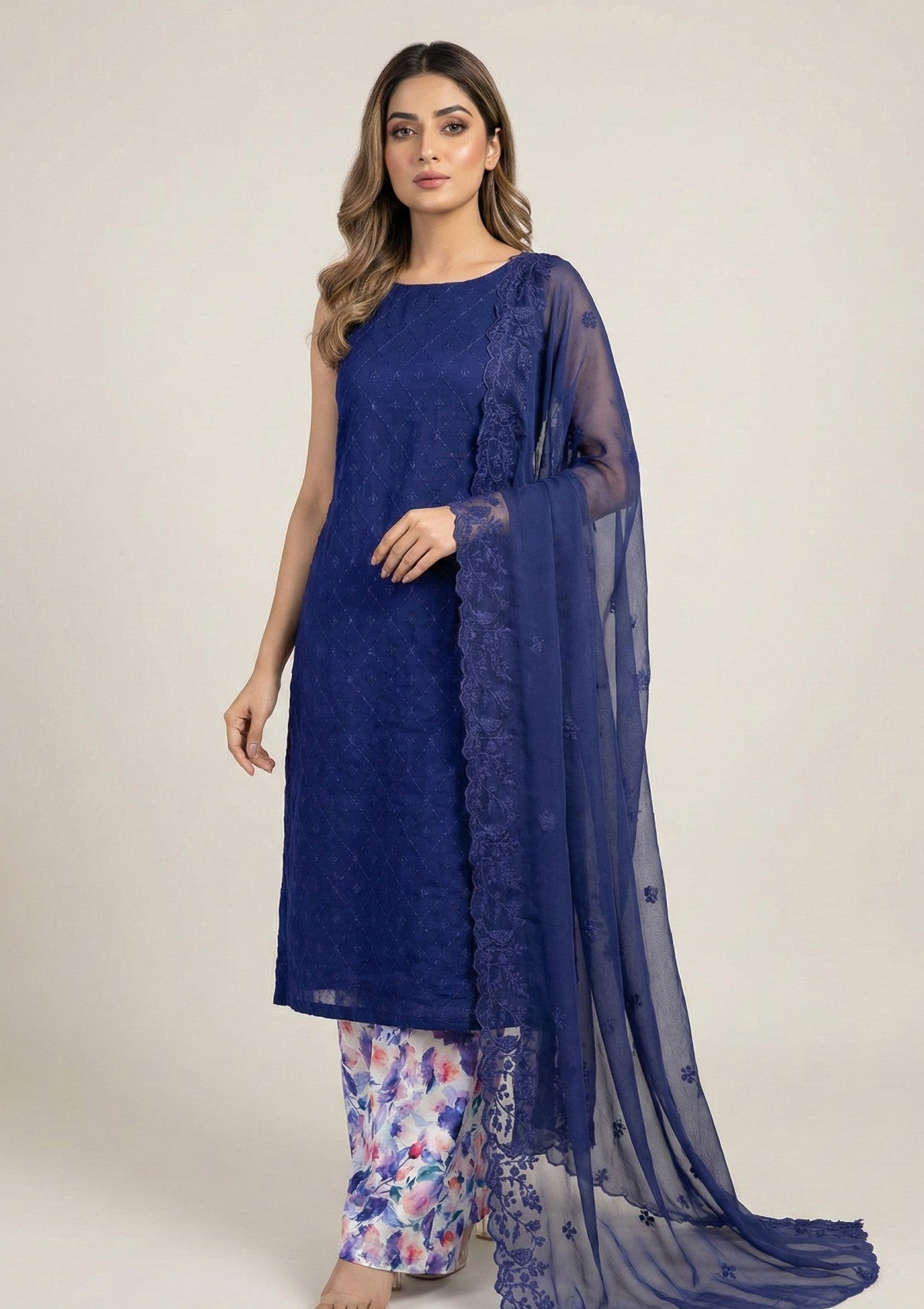 D#13 - L Blue - 3 pc - Printed Embroidered - R Prints Lawn 26