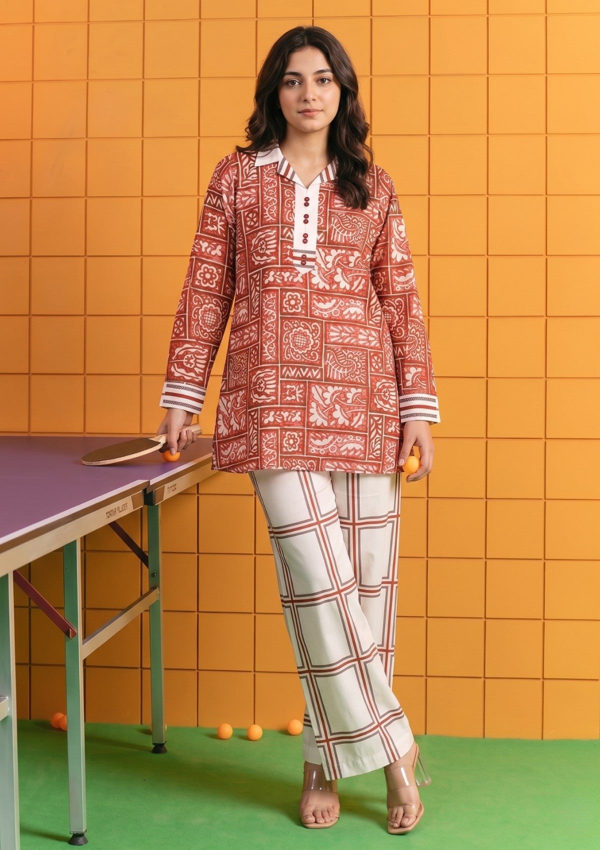 D#10 - White Maroon - Pret - Co-Ord Set - Silk