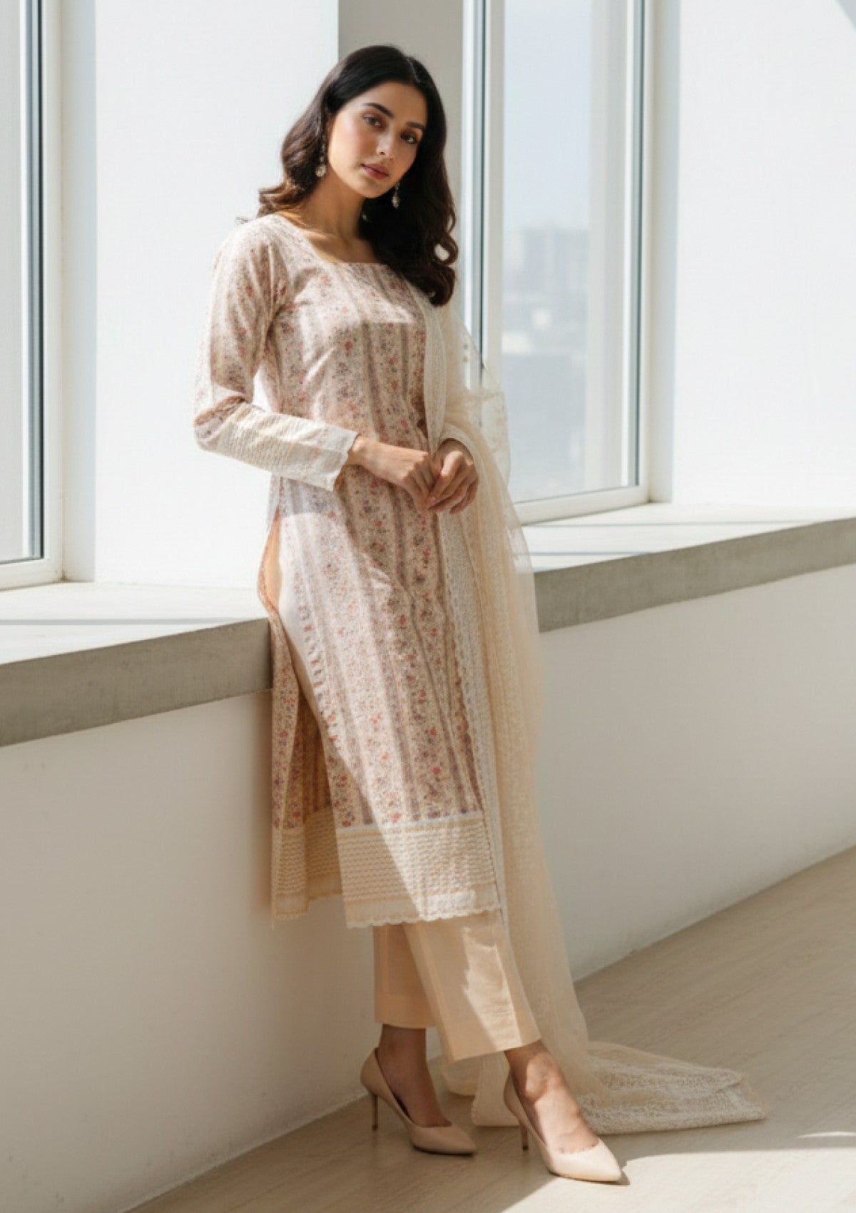 D#211 - Peach - 3 pc - Printed Embroidered - R Prints Lawn 26