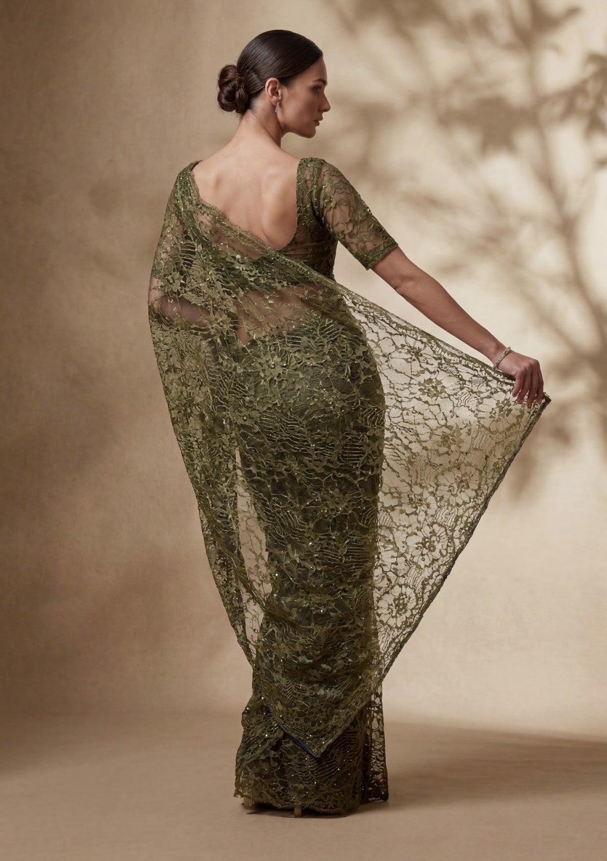 Fancy Chantilly Lace Saree - Mehndi Green