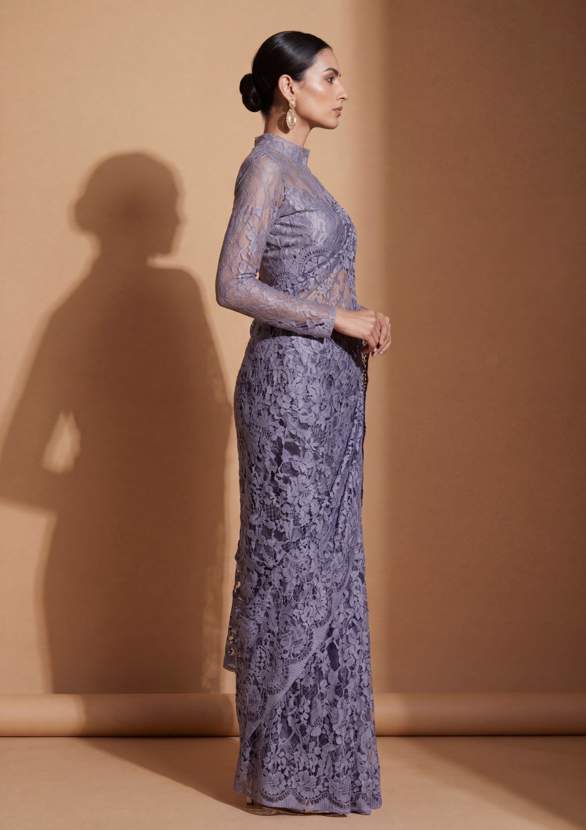 Fancy Chantilly Lace Saree - Lavender Grey