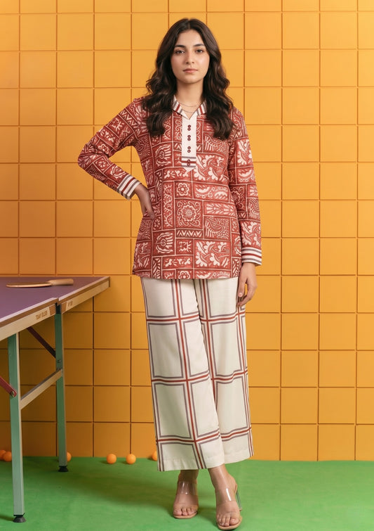 D#10 - White Maroon - Pret - Co-Ord Set - Silk