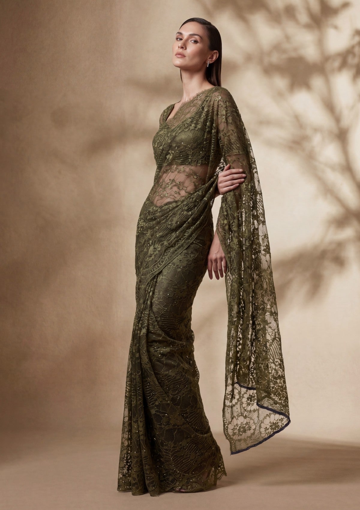 Fancy Chantilly Lace Saree - Mehndi Green