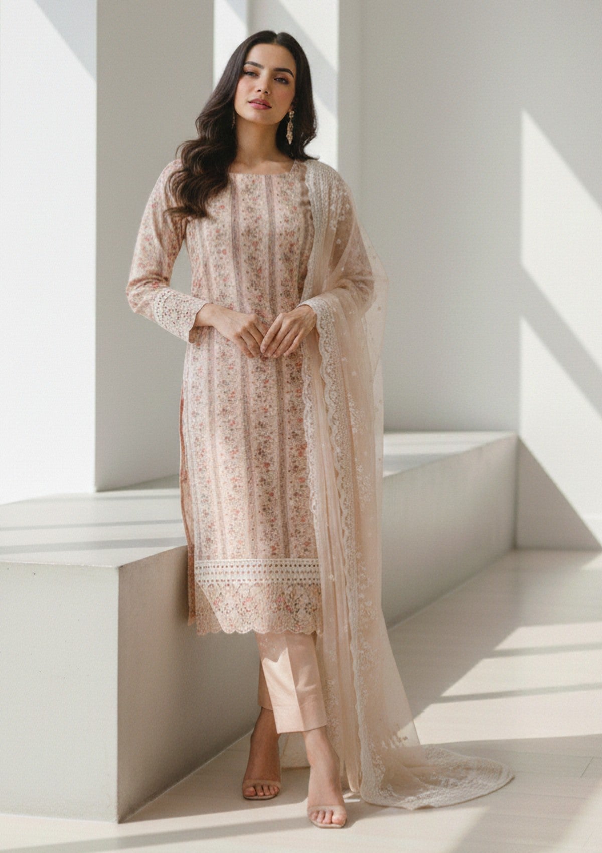 D#211 - Peach - 3 pc - Printed Embroidered - R Prints Lawn 26