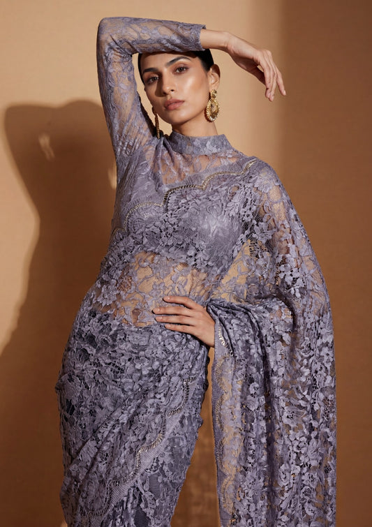 Fancy Chantilly Lace Saree - Lavender Grey