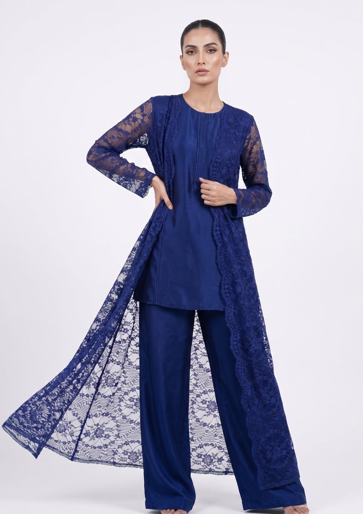 Fancy Chantilly Lace Saree - Navy Blue