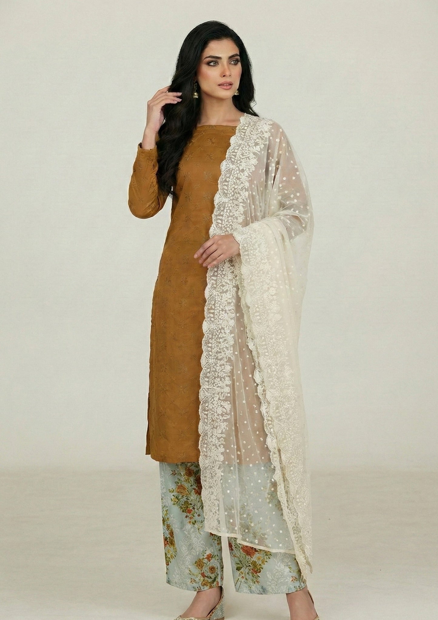 D#12 - L Golden - 3 pc - Printed Embroidered - R Prints Lawn 26