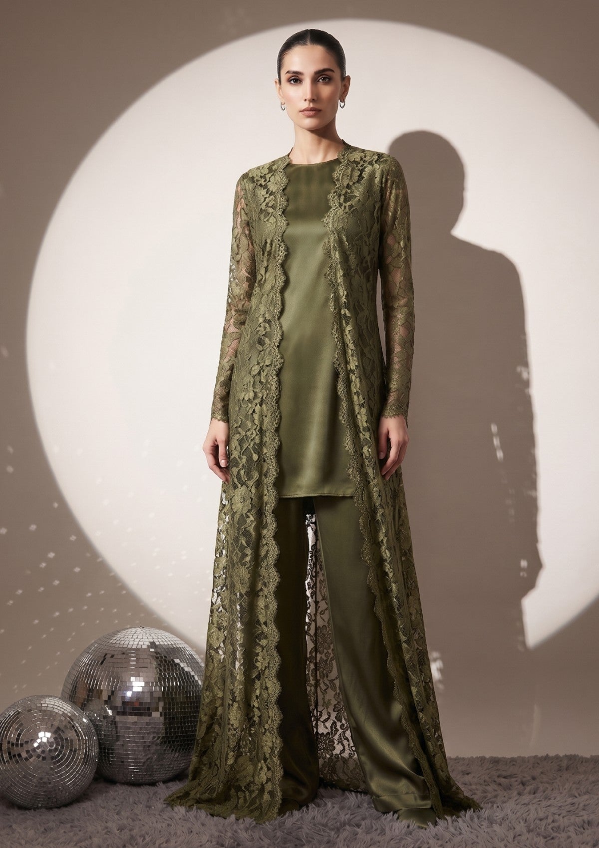 Fancy Chantilly Lace Saree - Olive Green