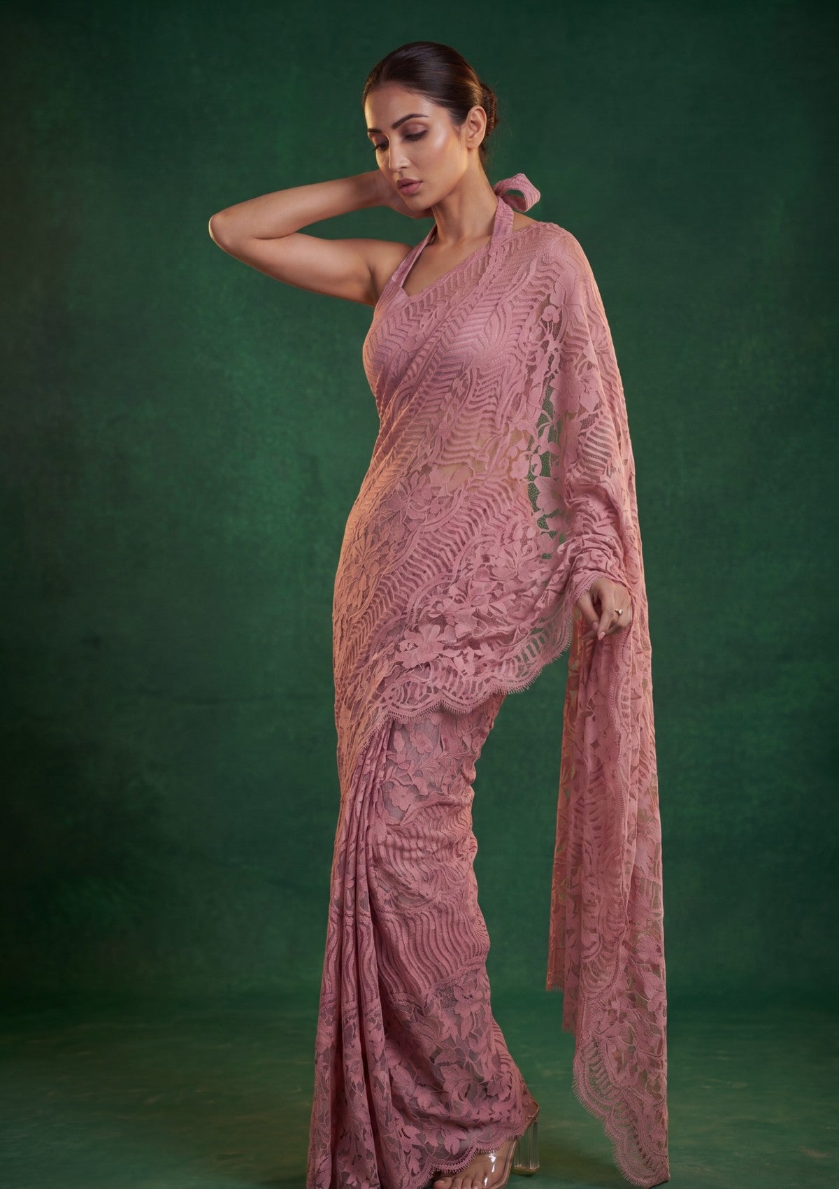 Fancy Chantilly Lace Saree - Pink