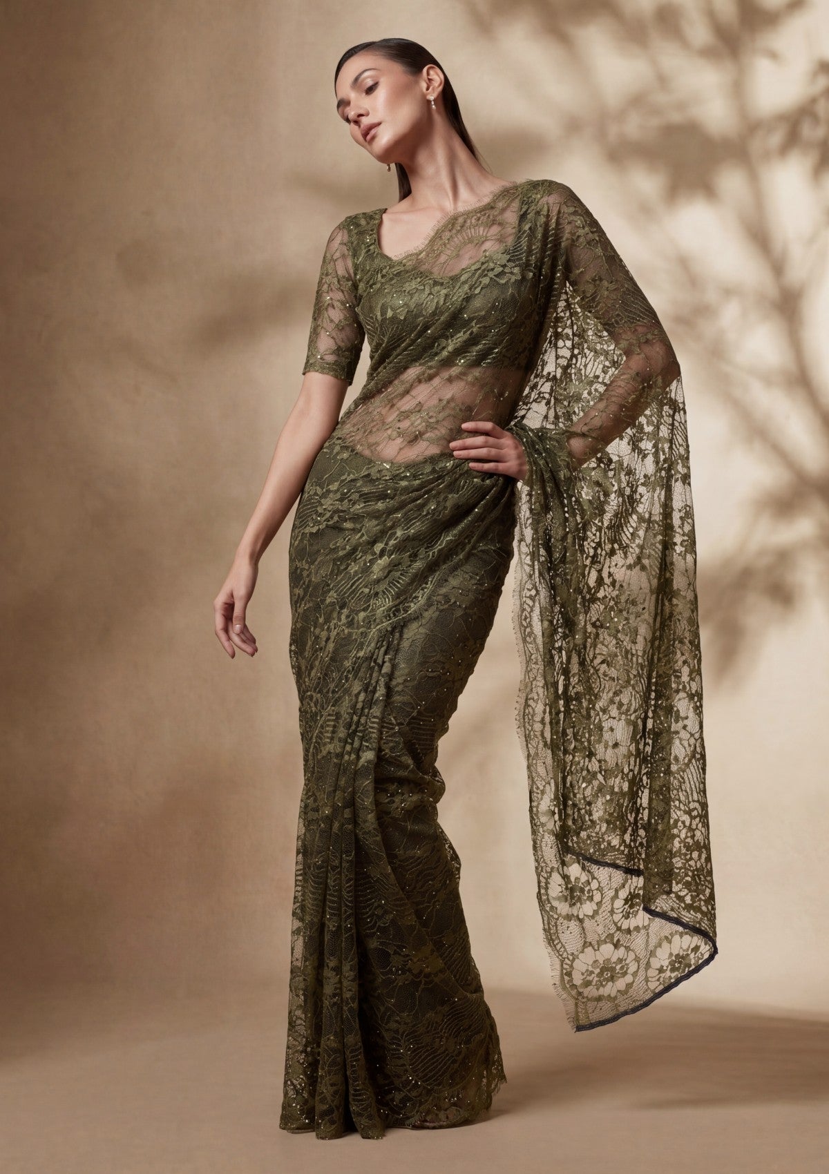 Fancy Chantilly Lace Saree - Mehndi Green