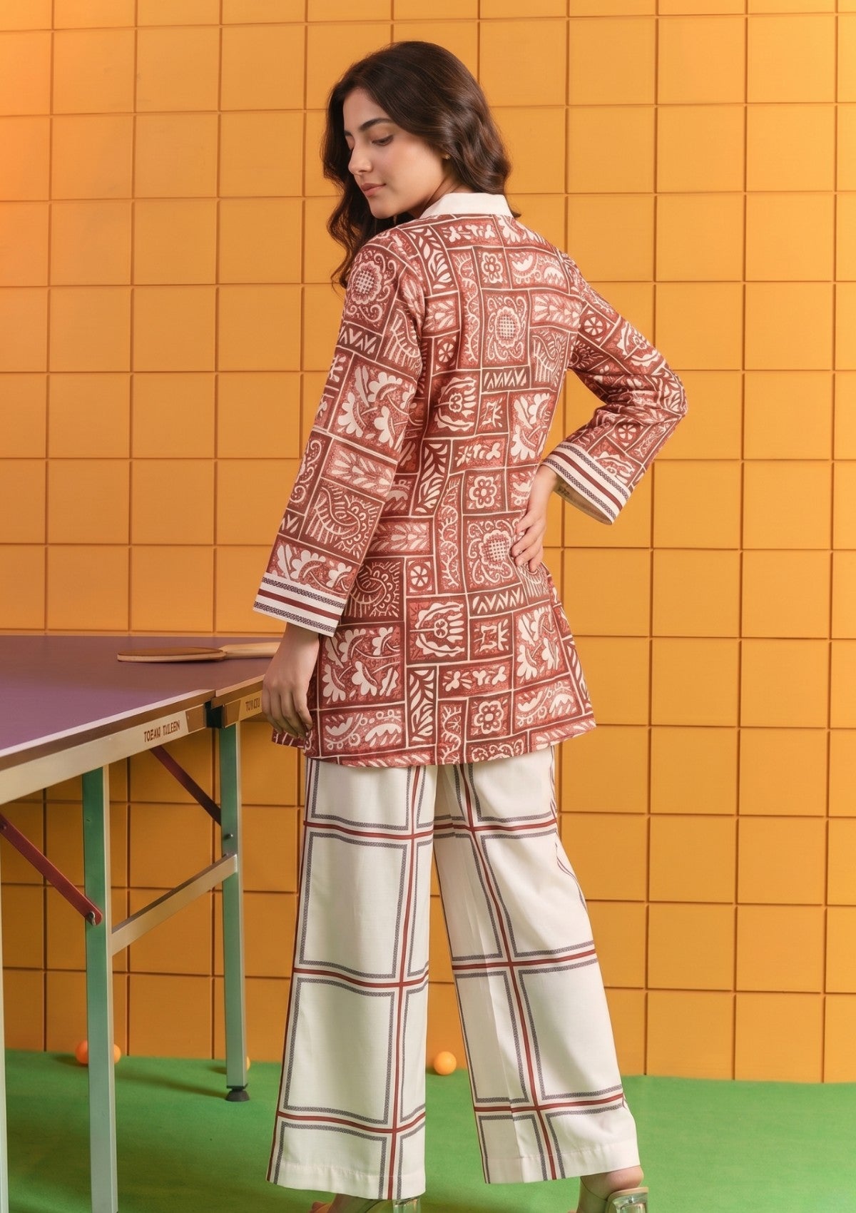 D#10 - White Maroon - Pret - Co-Ord Set - Silk