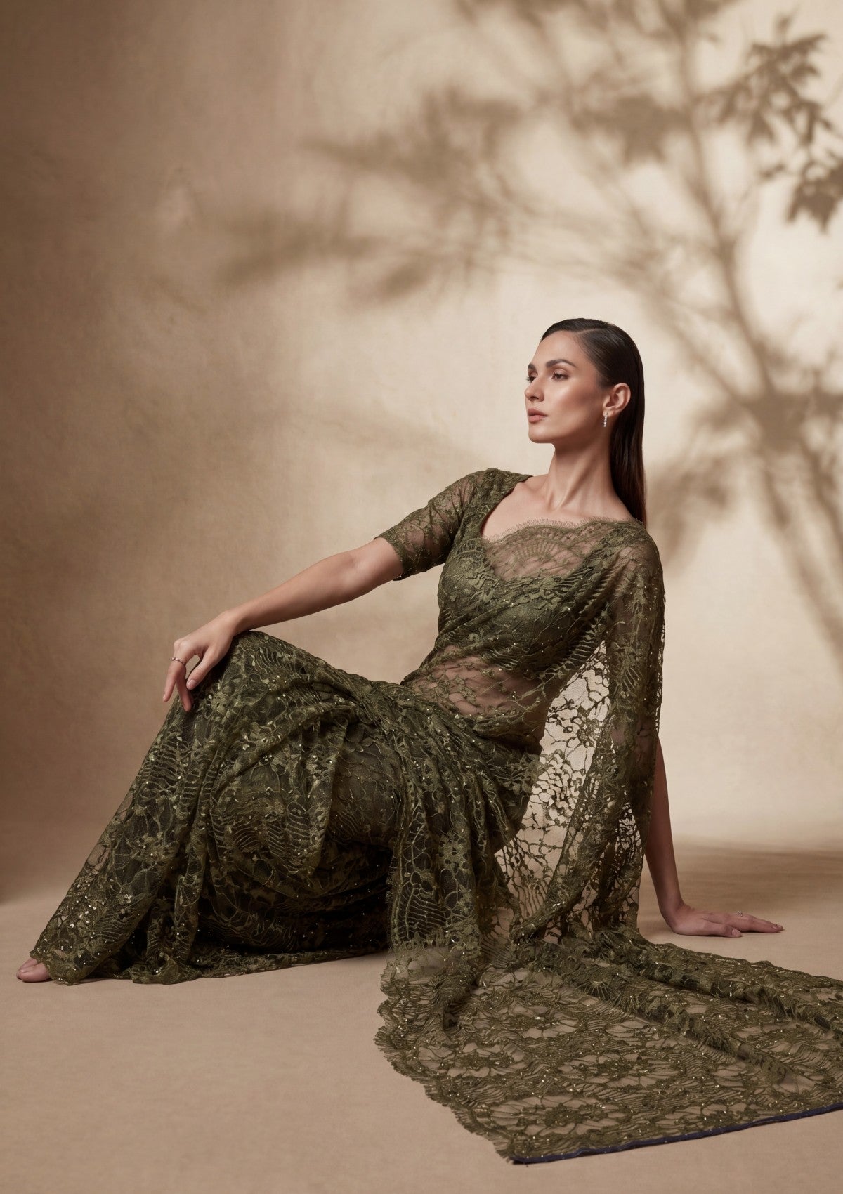 Fancy Chantilly Lace Saree - Mehndi Green