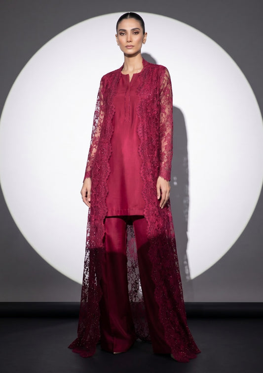 Fancy Chantilly Lace Saree - Deep Magenta