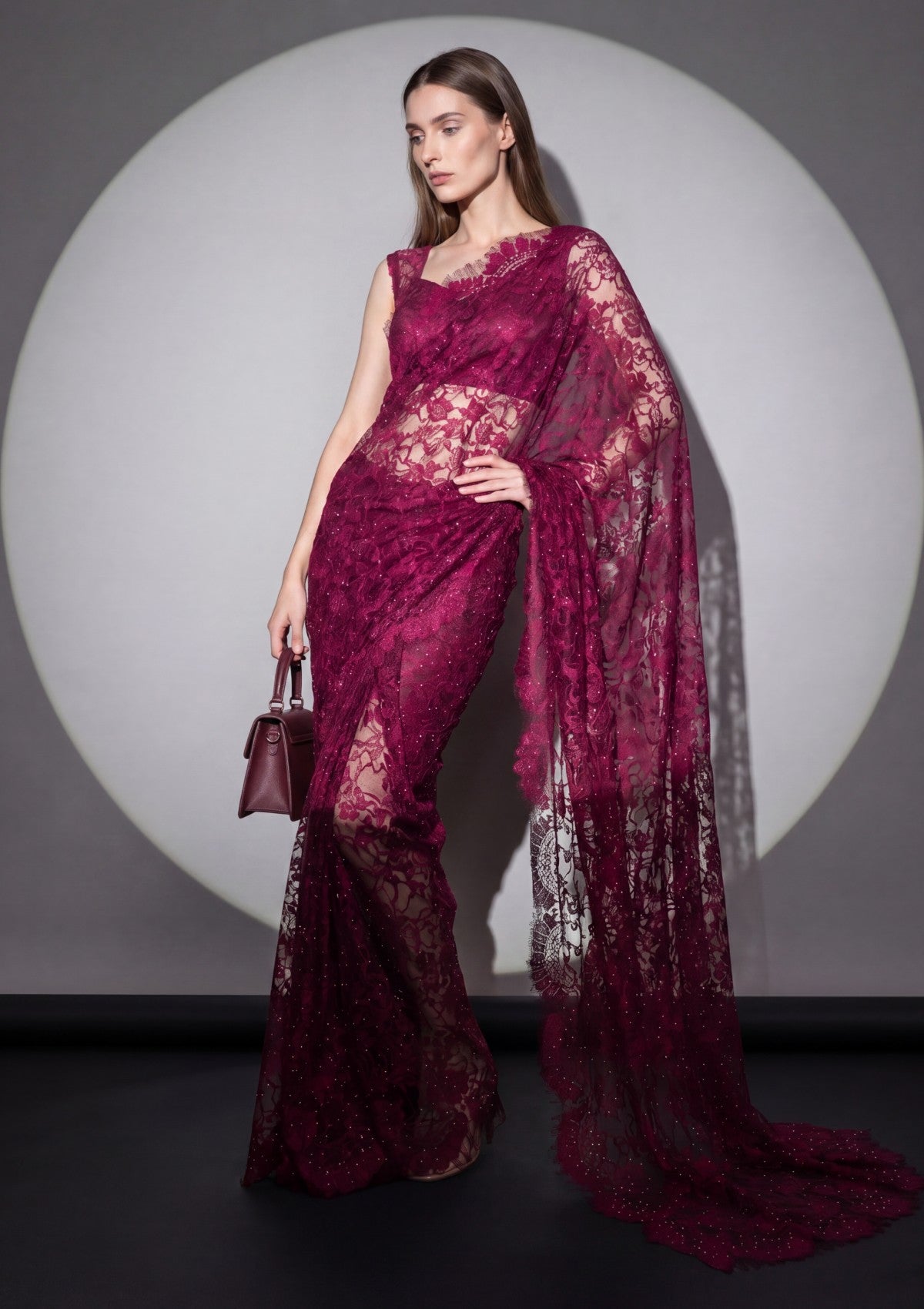 Fancy Chantilly Lace Saree - Deep Magenta