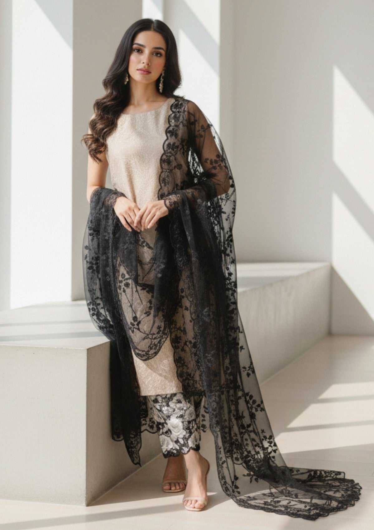 D#19 - Black - 3 pc - Printed Embroidered - R Prints Lawn 26