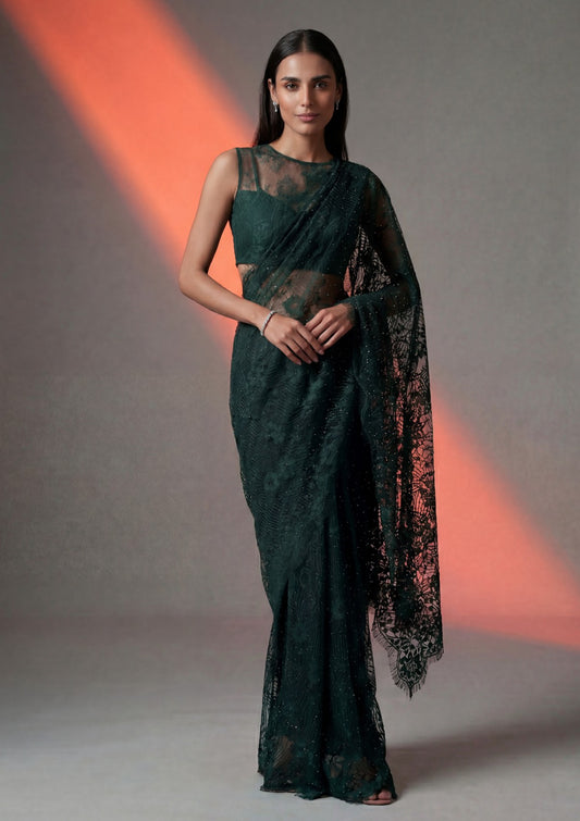 Fancy Chantilly Lace Saree - Green