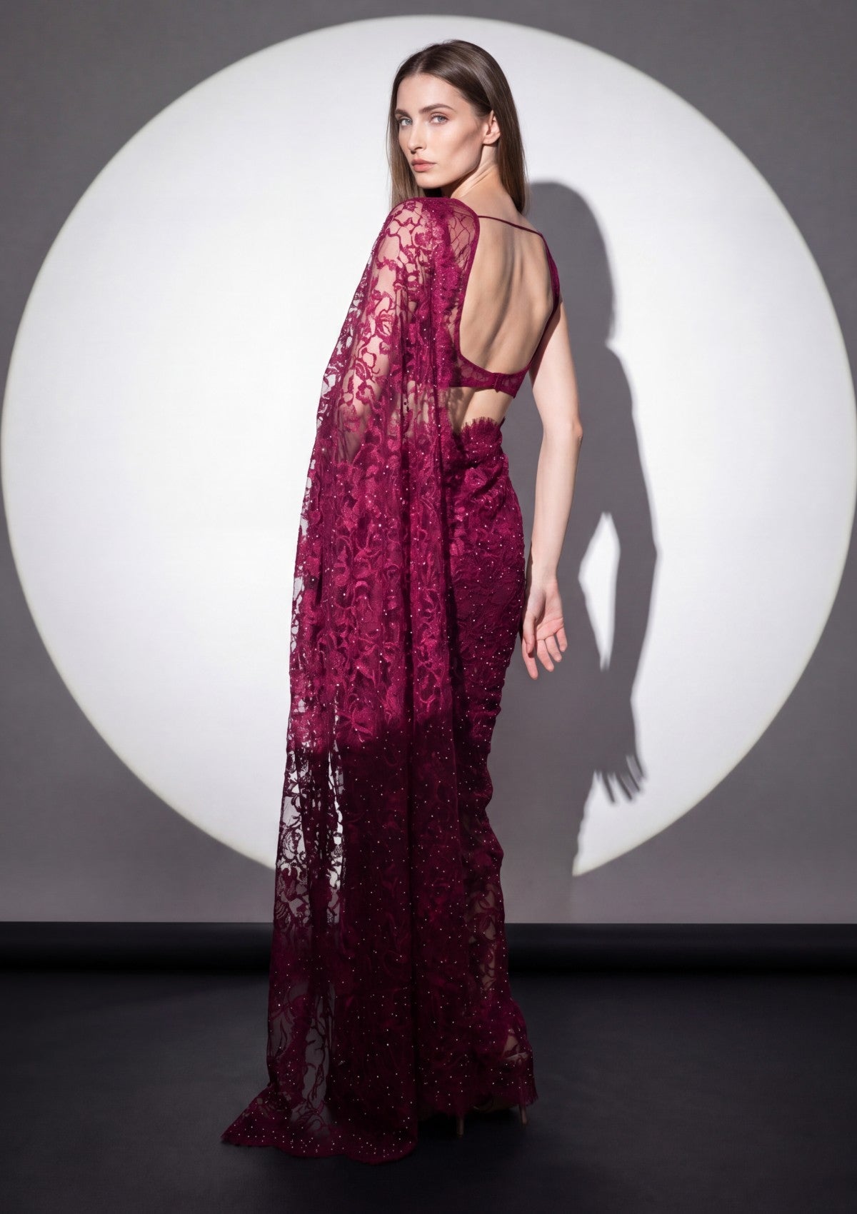 Fancy Chantilly Lace Saree - Deep Magenta