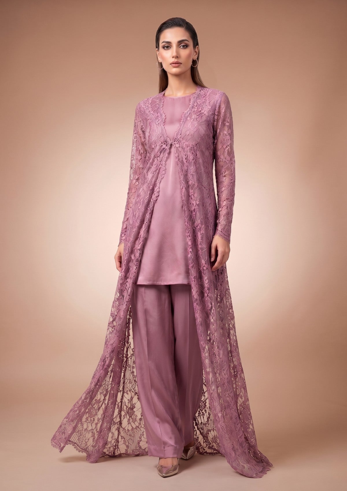 Fancy Chantilly Lace Saree - Mauve Taupe