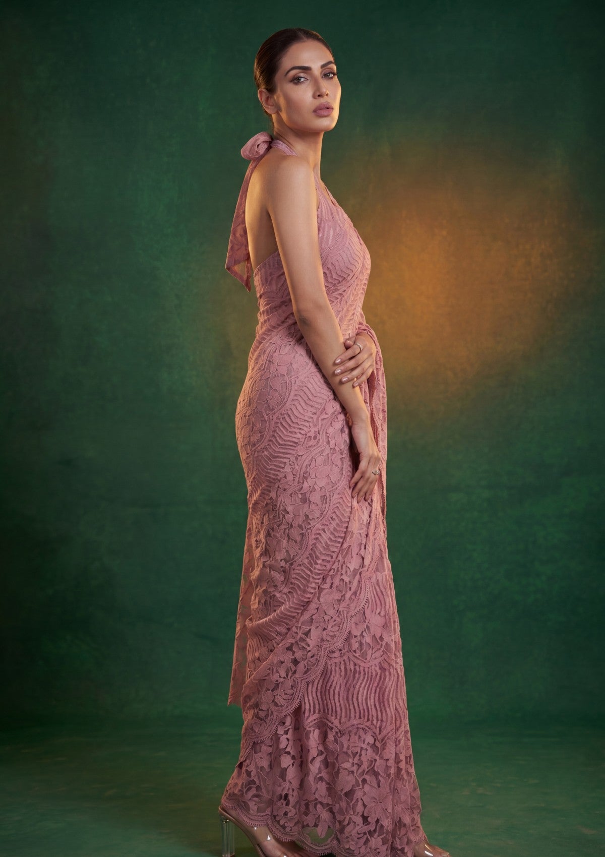 Fancy Chantilly Lace Saree - Pink