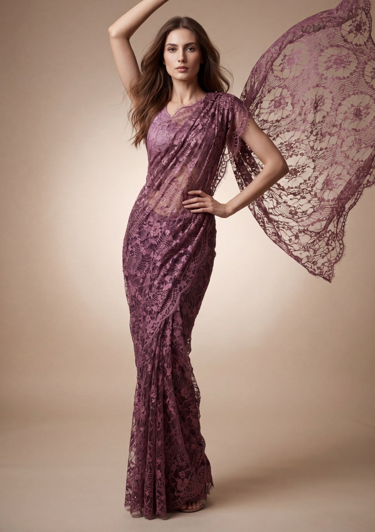 Fancy Chantilly Lace Saree - Mauve Taupe