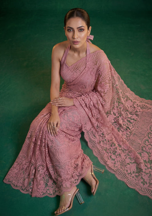 Fancy Chantilly Lace Saree - Pink