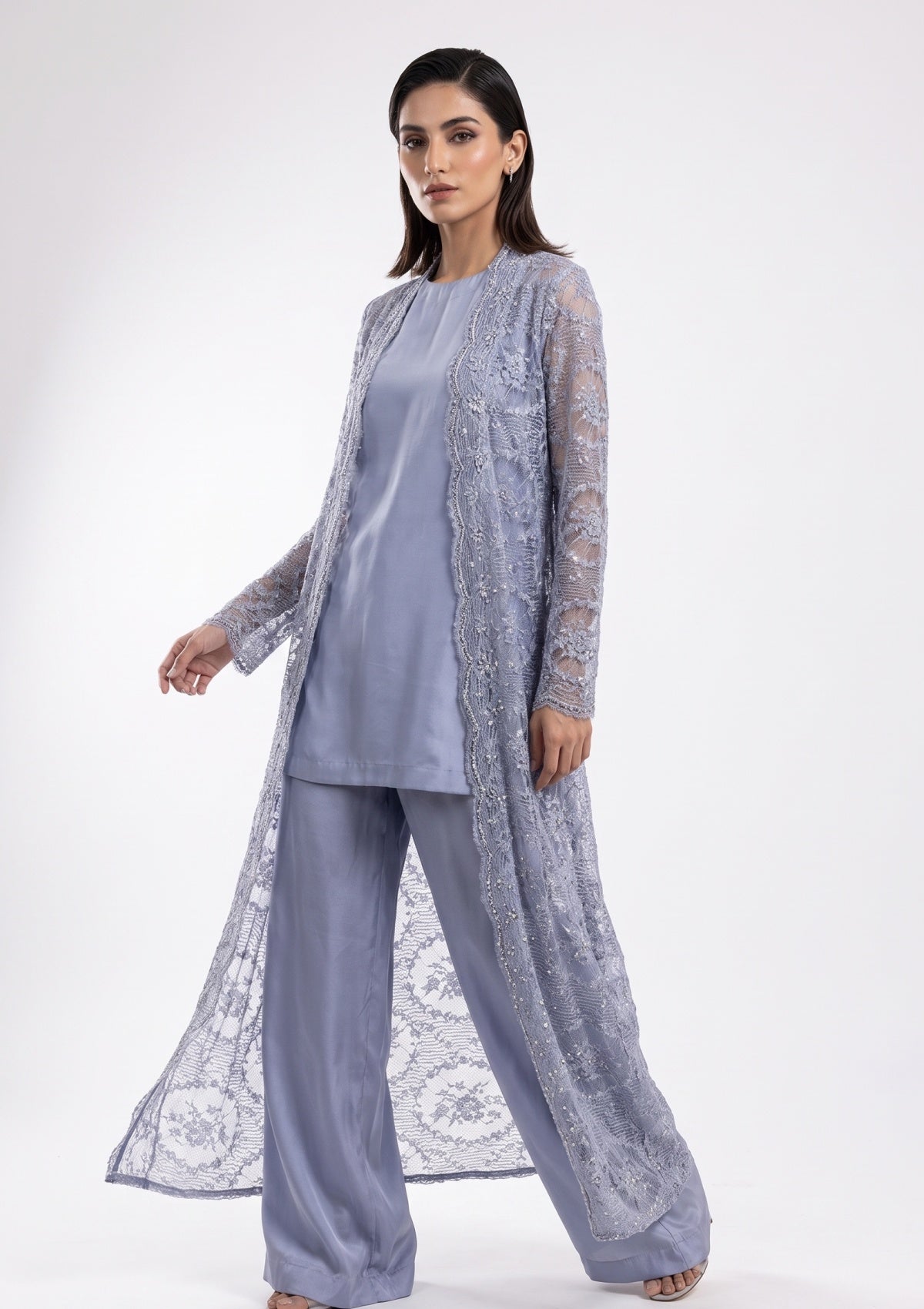 Fancy Chantilly Lace Saree - Grey