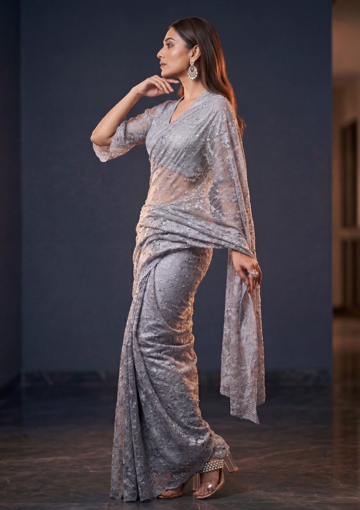 Fancy Chantilly Lace Saree - Grey