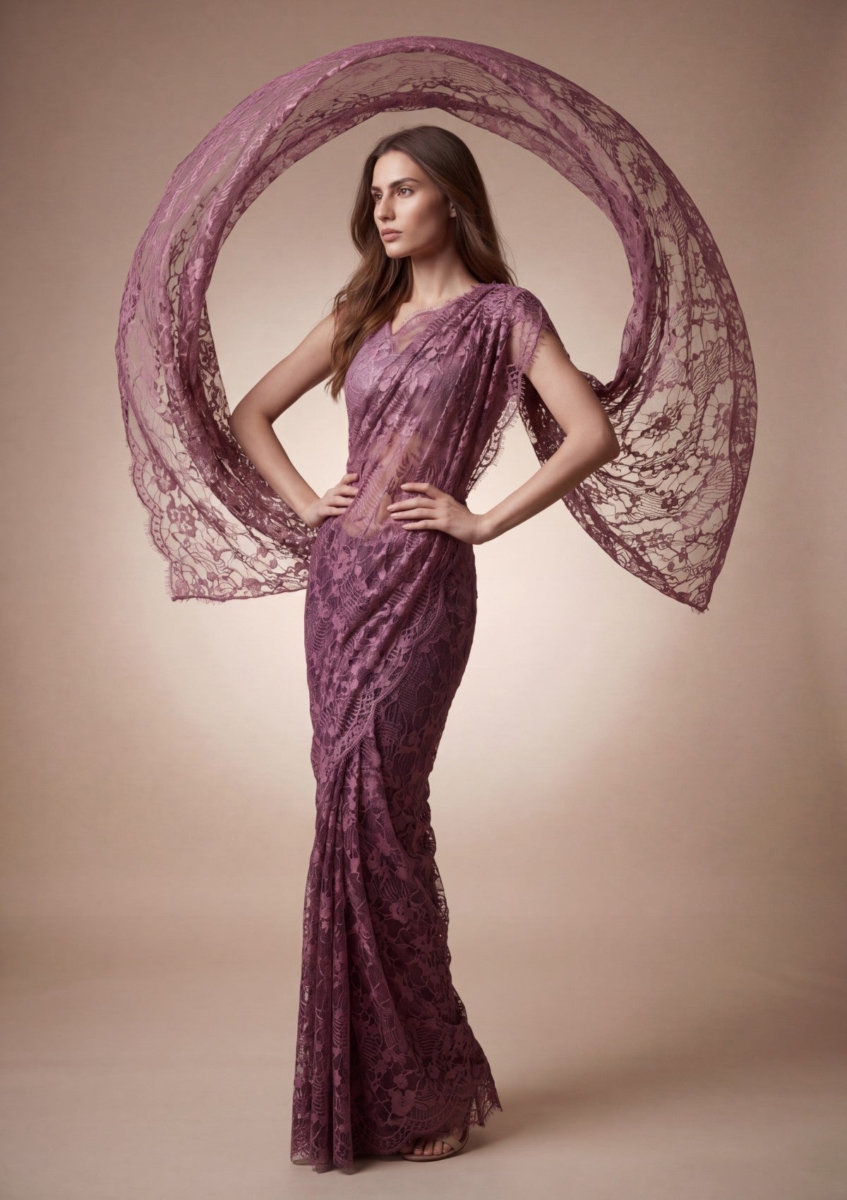 Fancy Chantilly Lace Saree - Mauve Taupe