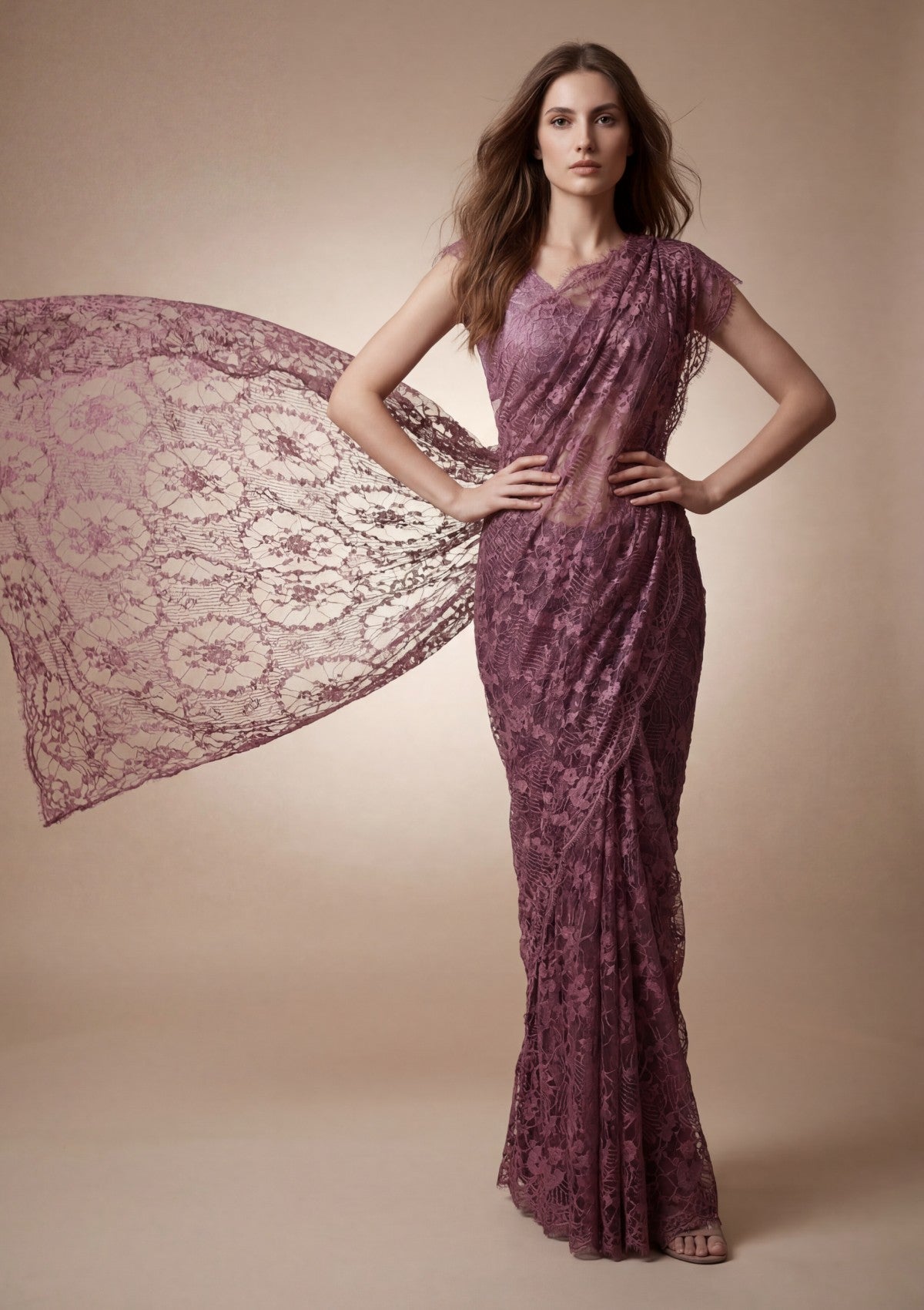 Fancy Chantilly Lace Saree - Mauve Taupe