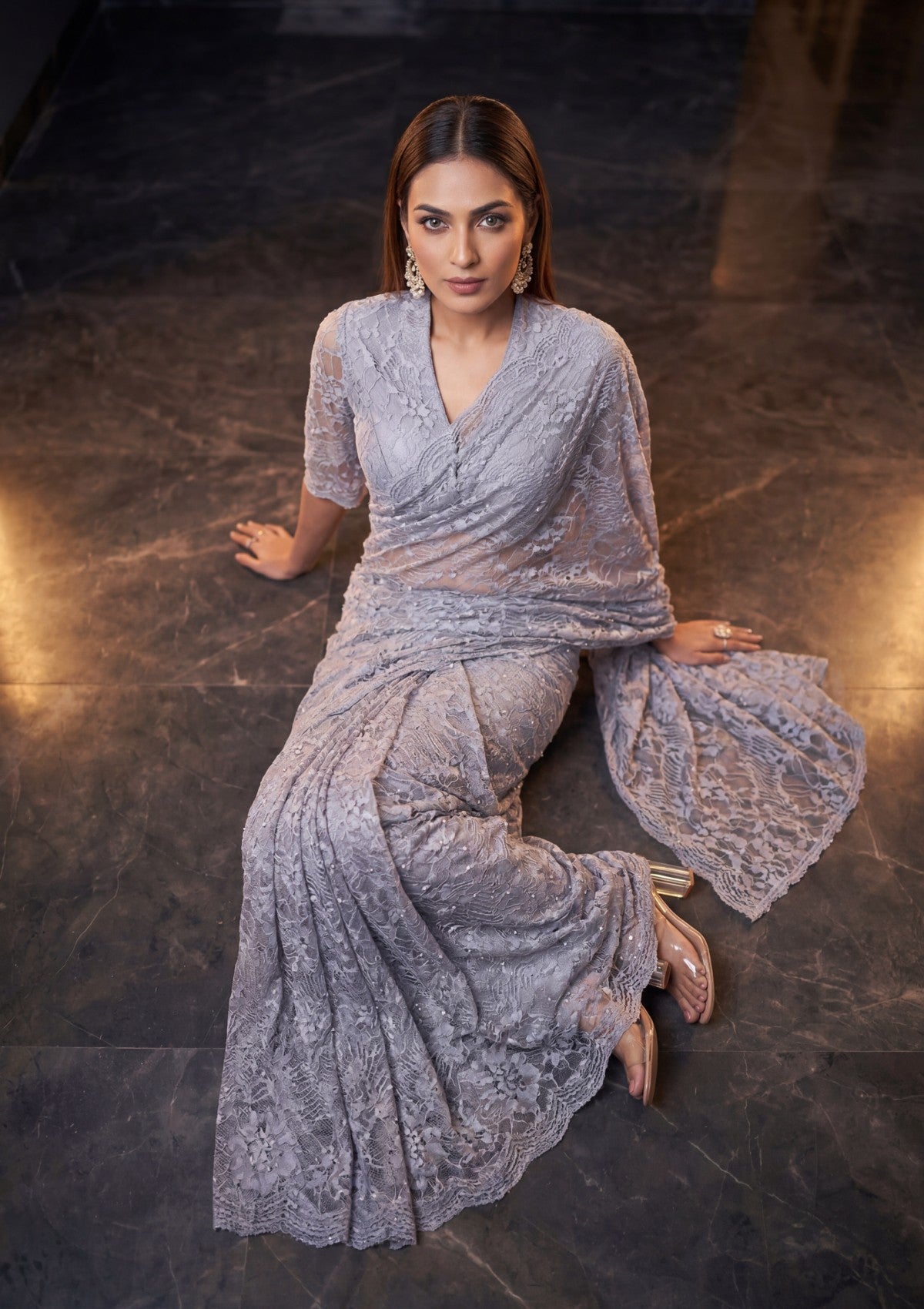 Fancy Chantilly Lace Saree - Grey