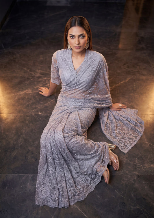 Fancy Chantilly Lace Saree - Grey