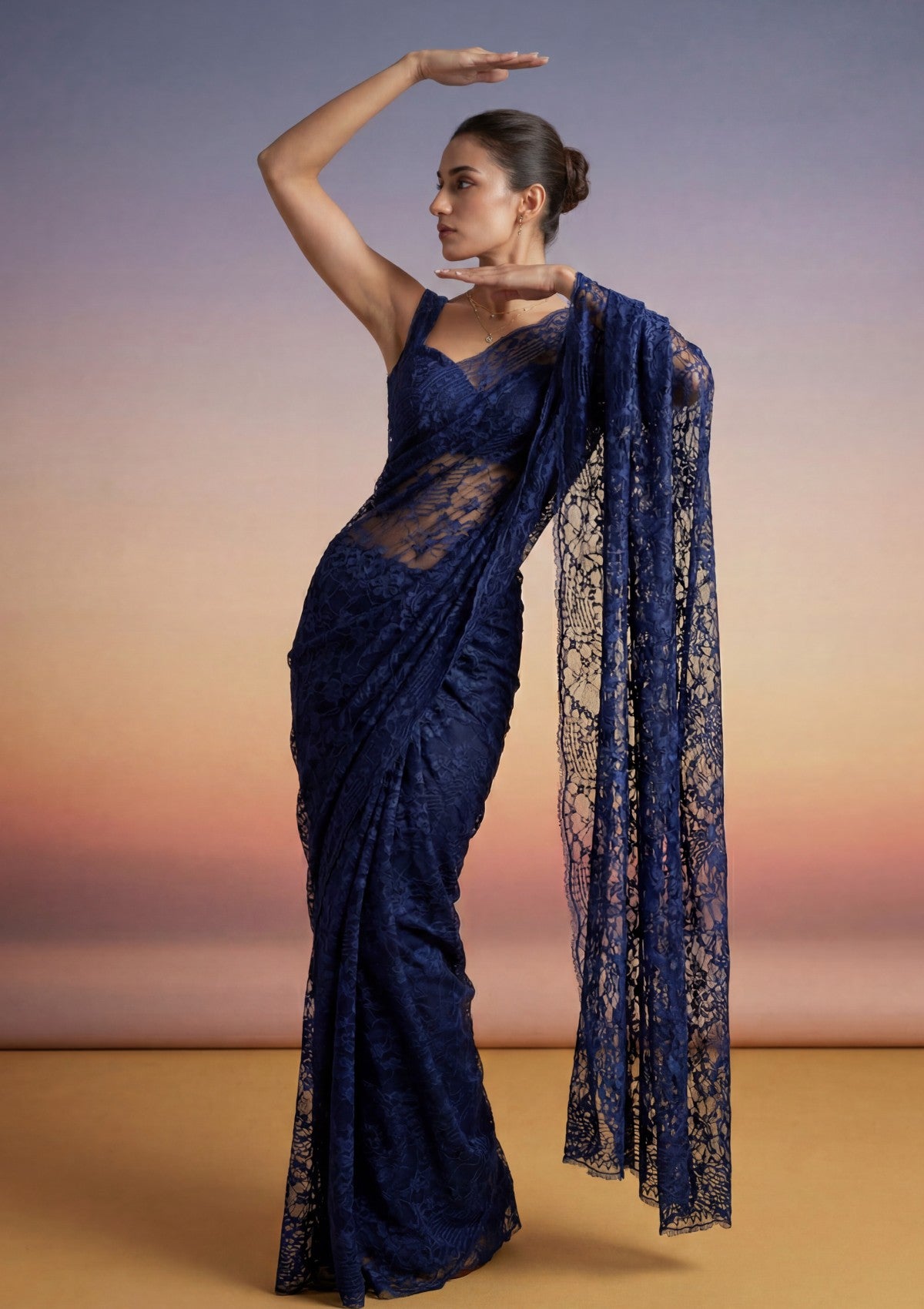 Fancy Chantilly Lace Saree - Navy Blue