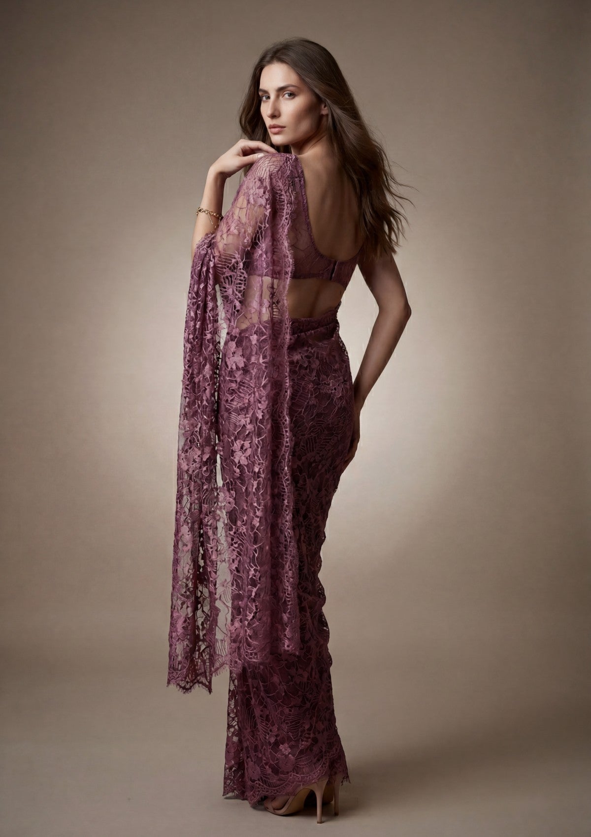 Fancy Chantilly Lace Saree - Mauve Taupe
