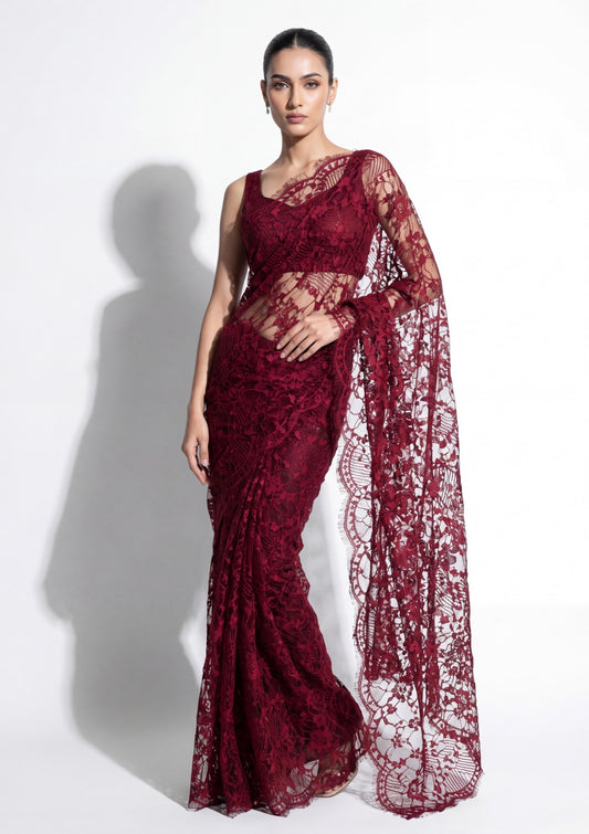Fancy Chantilly Lace Saree - Burgundy