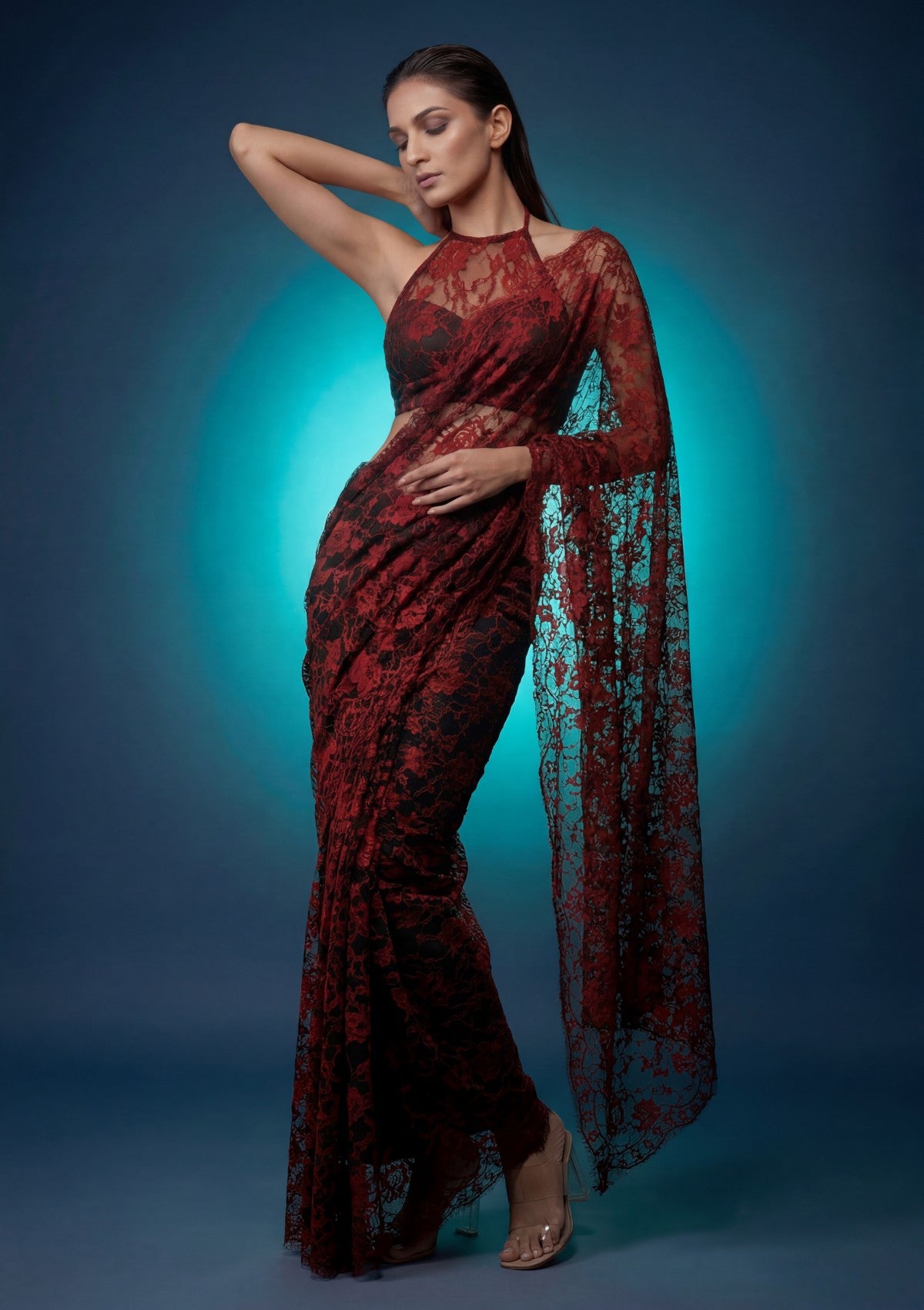 Fancy Chantilly Lace Saree - Maroon