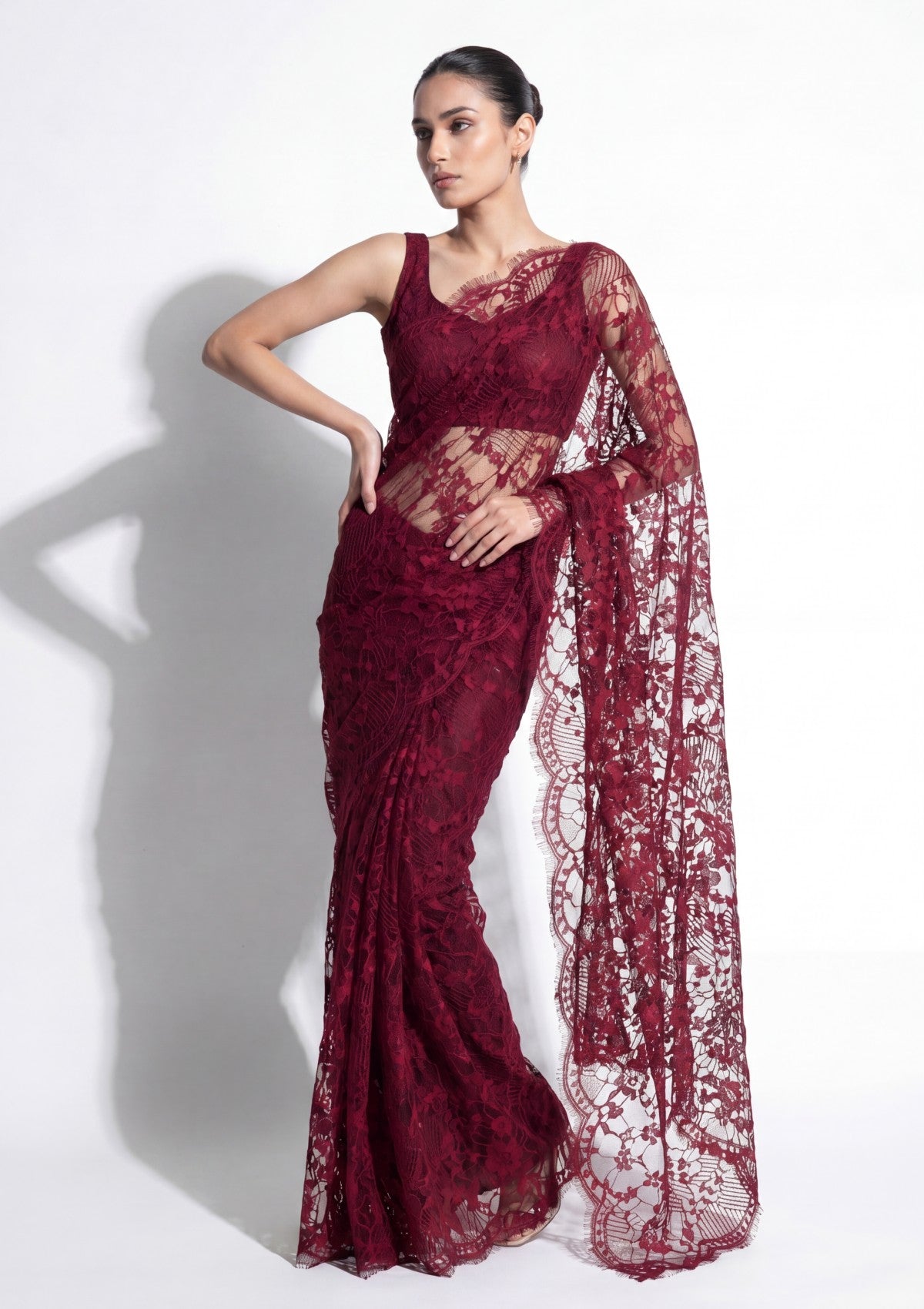 Fancy Chantilly Lace Saree - Burgundy