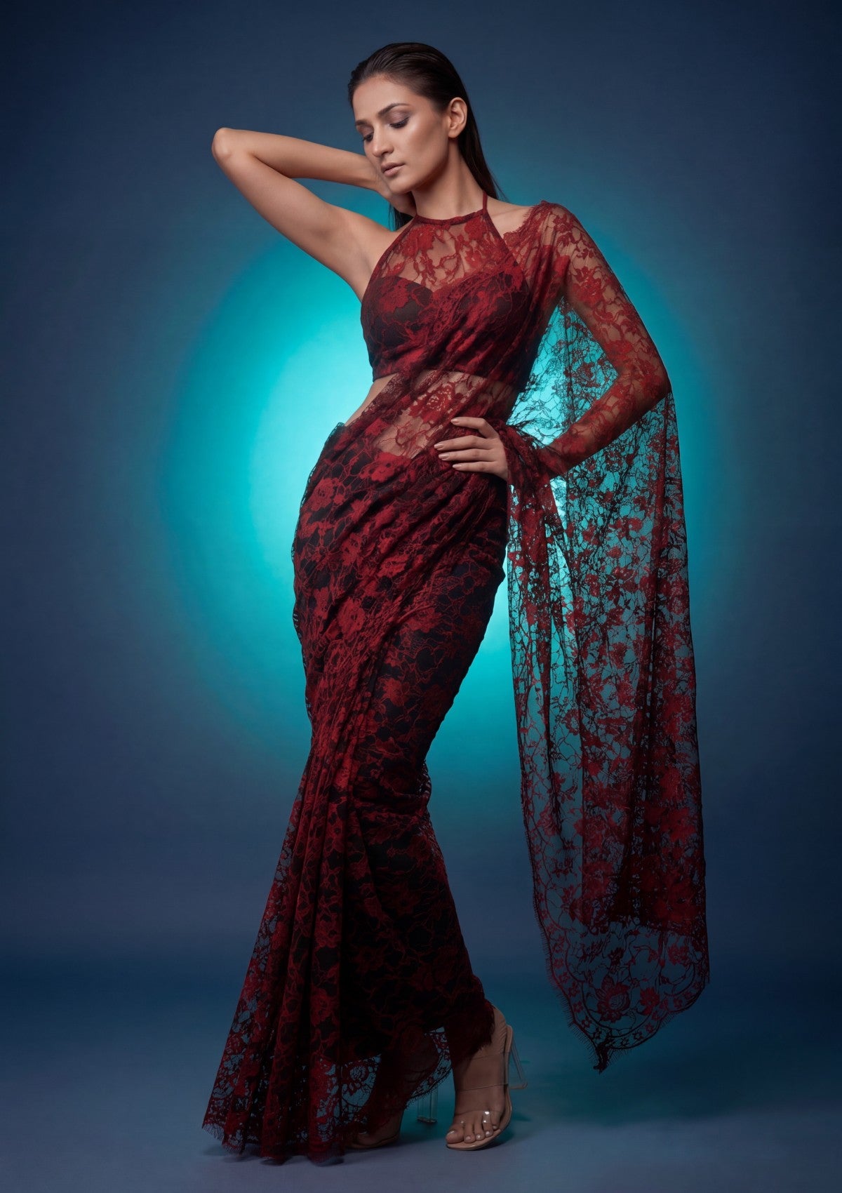 Fancy Chantilly Lace Saree - Maroon