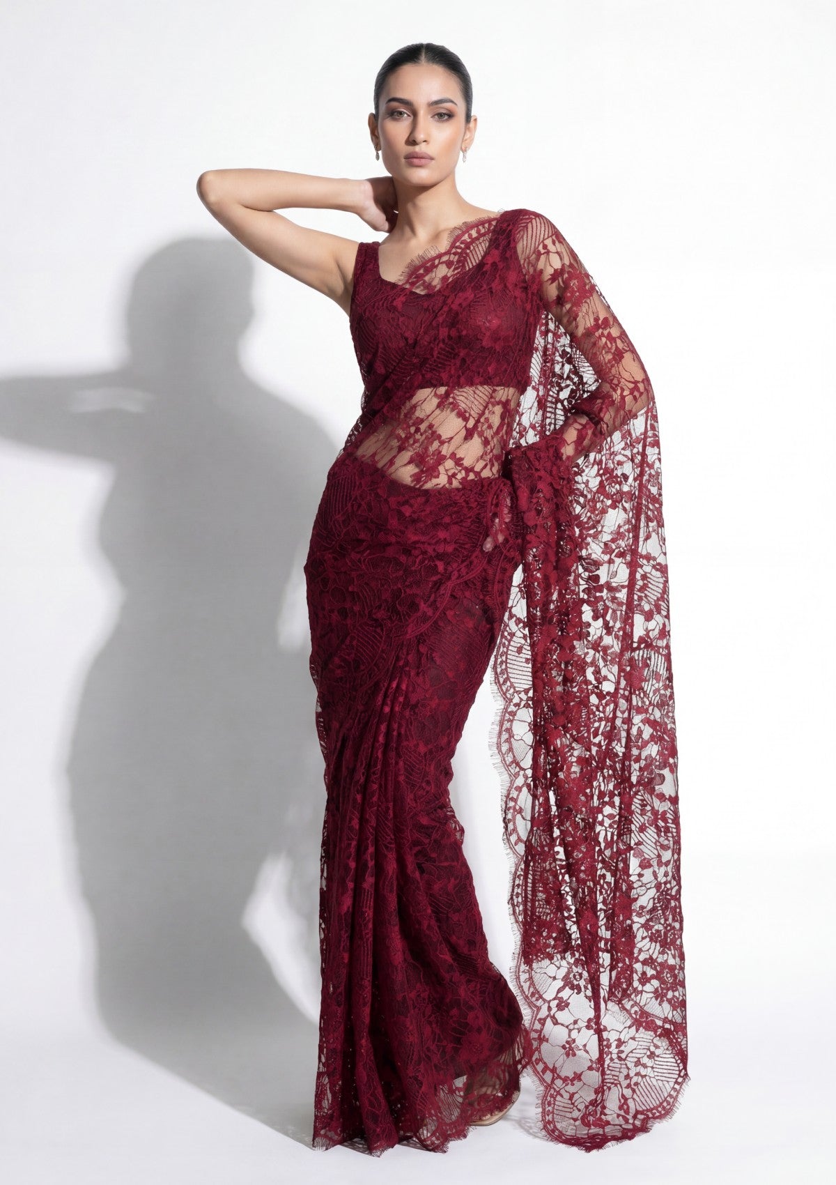 Fancy Chantilly Lace Saree - Burgundy