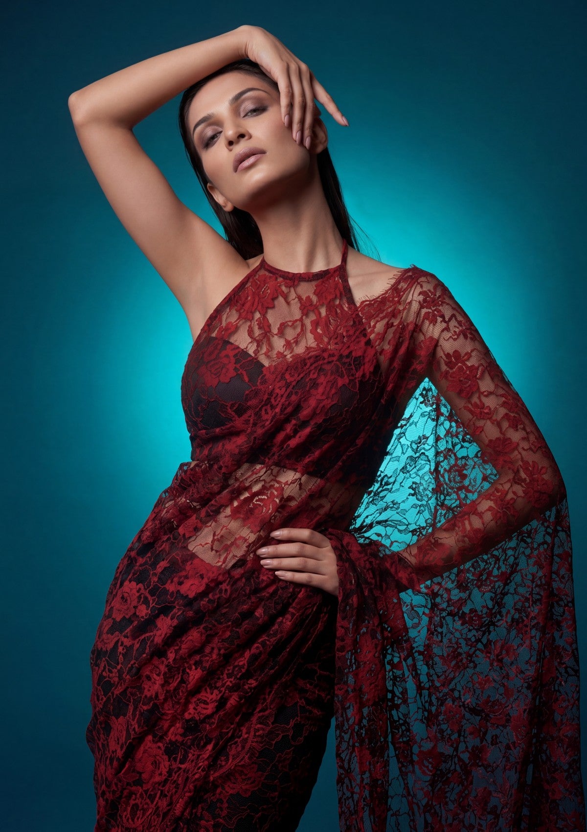 Fancy Chantilly Lace Saree - Maroon