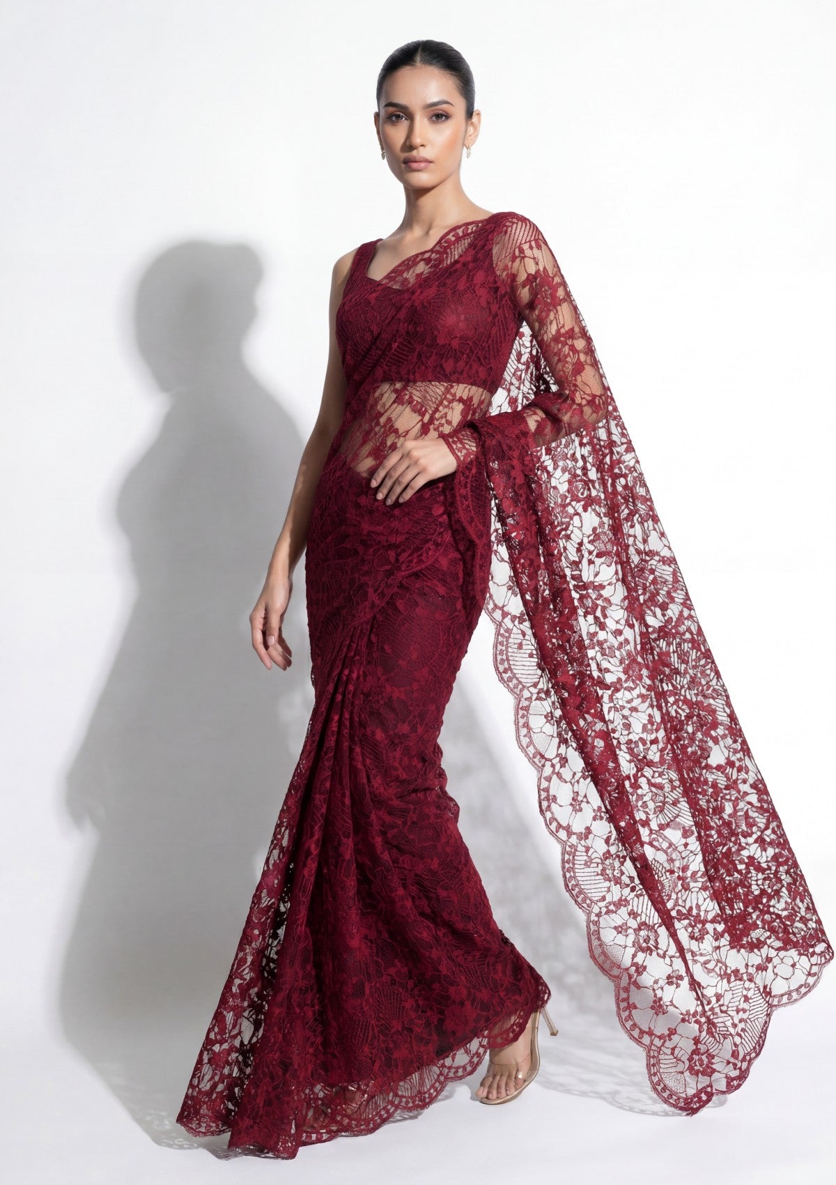 Fancy Chantilly Lace Saree - Burgundy