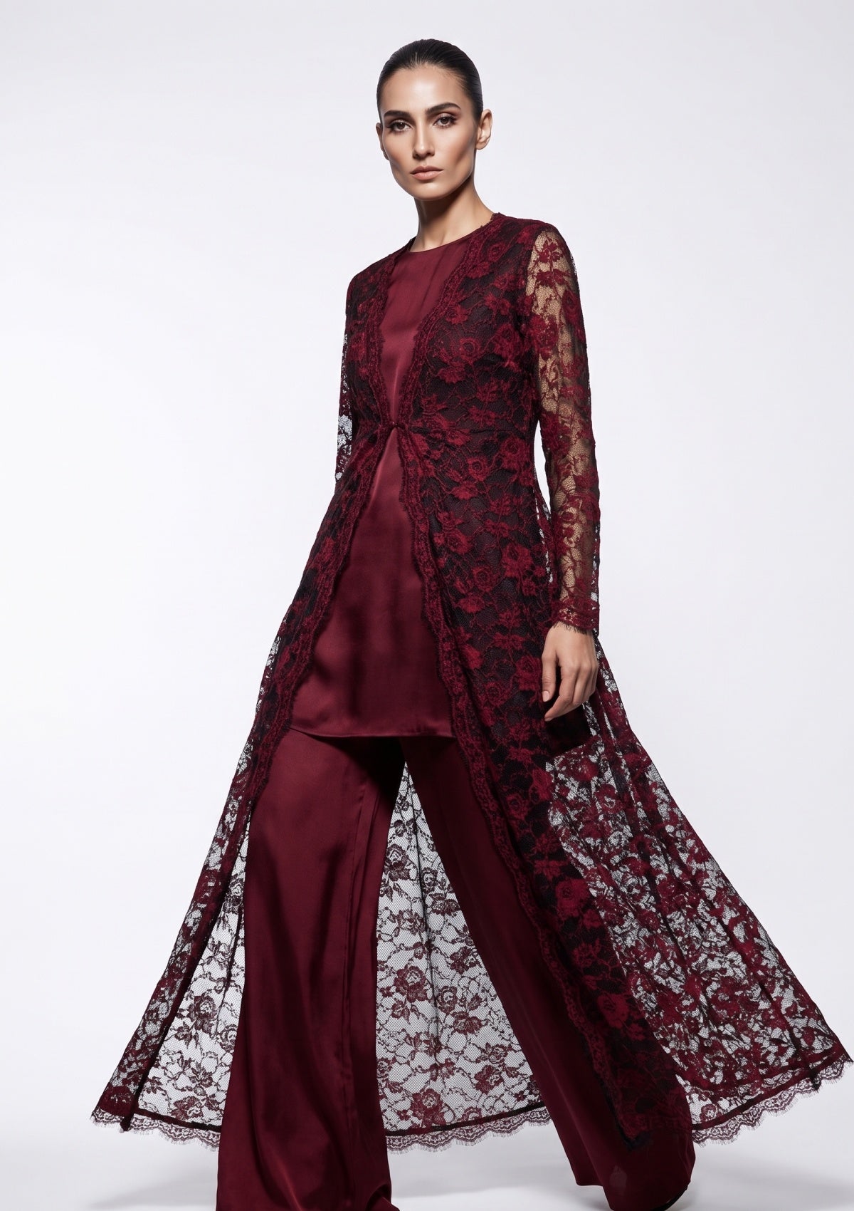 Fancy Chantilly Lace Saree - Maroon