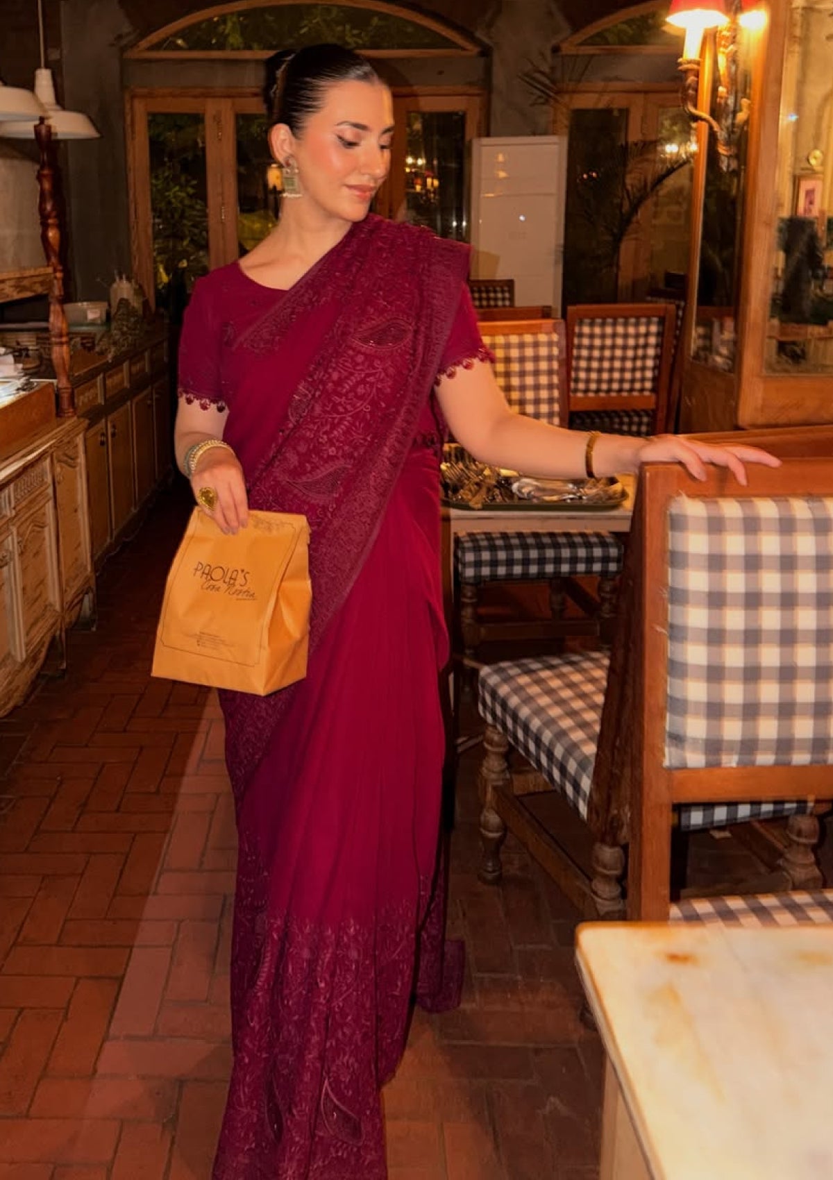 Georgette Embroidered Chiffon Saree - Maroon