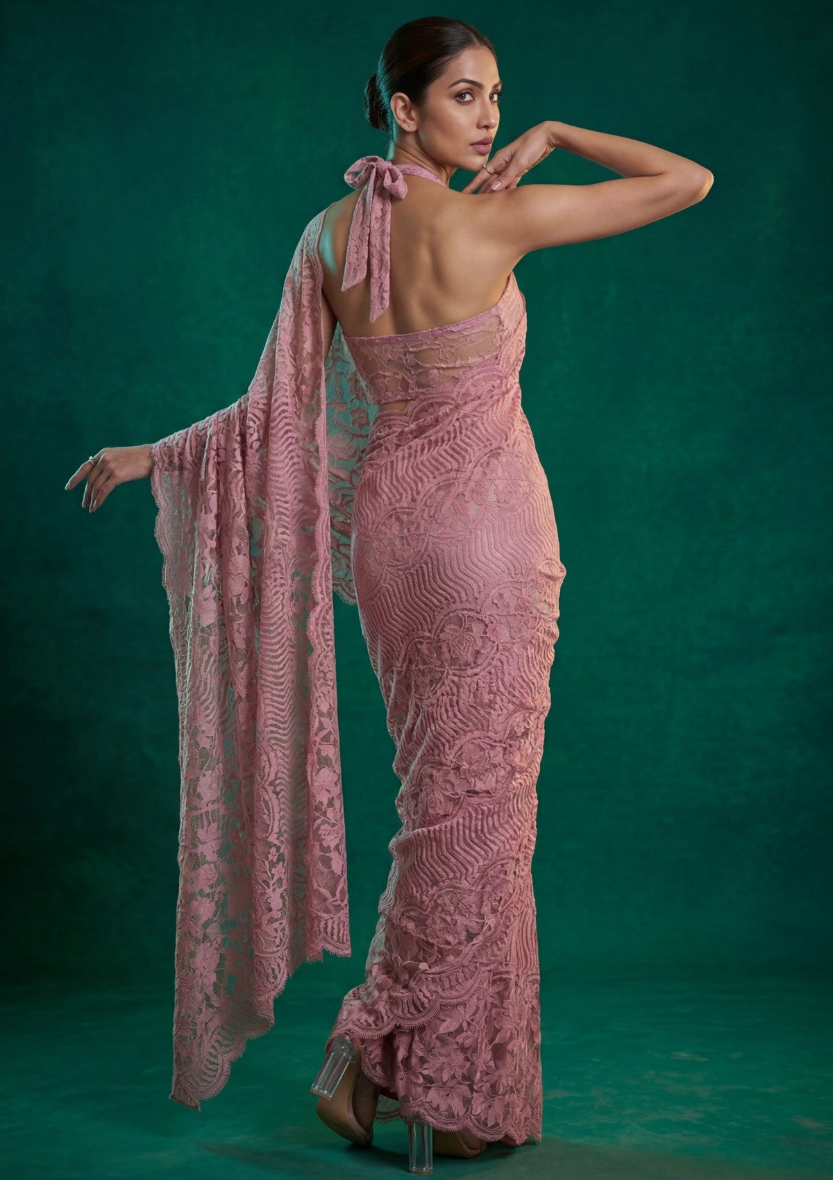 Fancy Chantilly Lace Saree - Pink