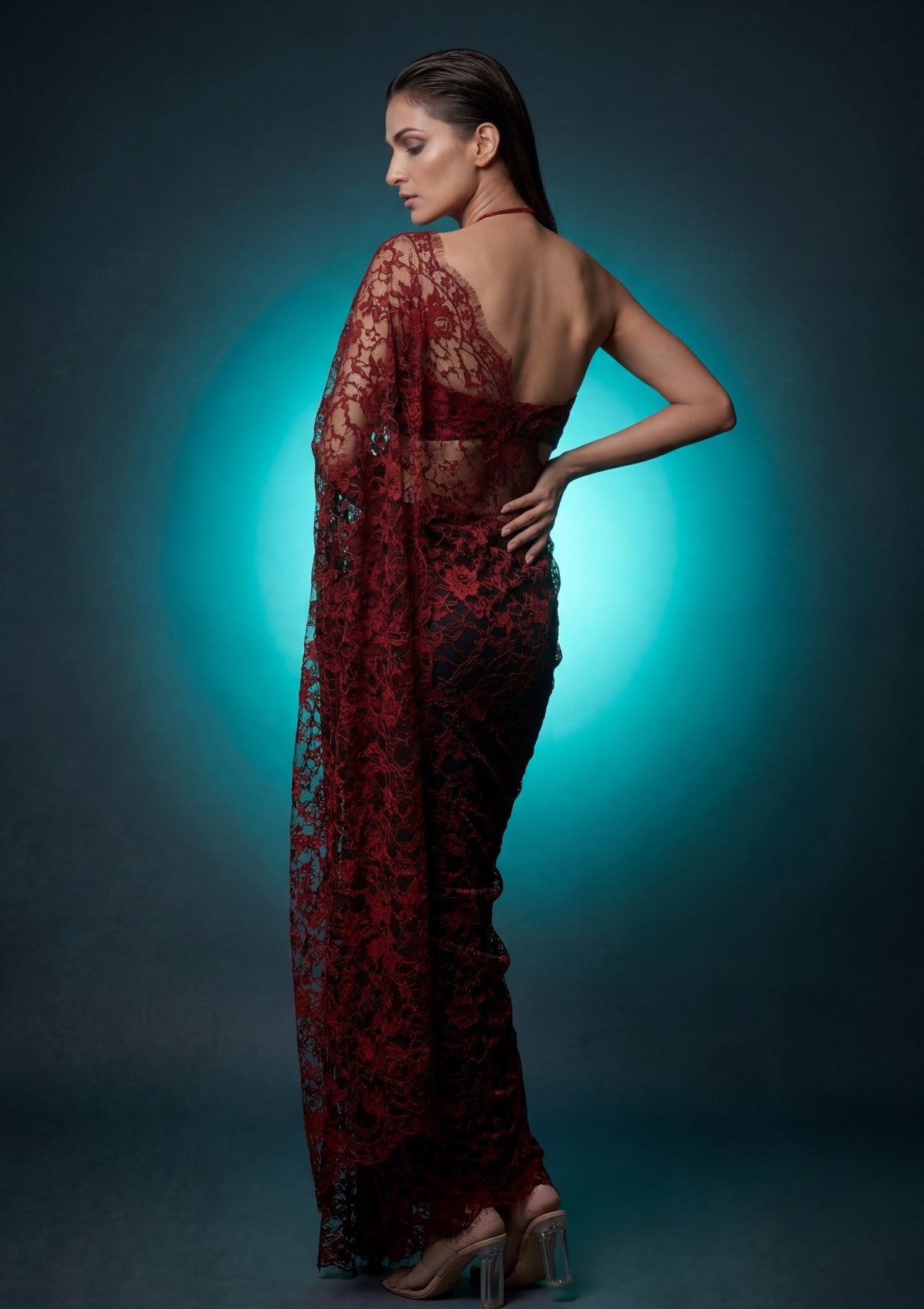 Fancy Chantilly Lace Saree - Maroon