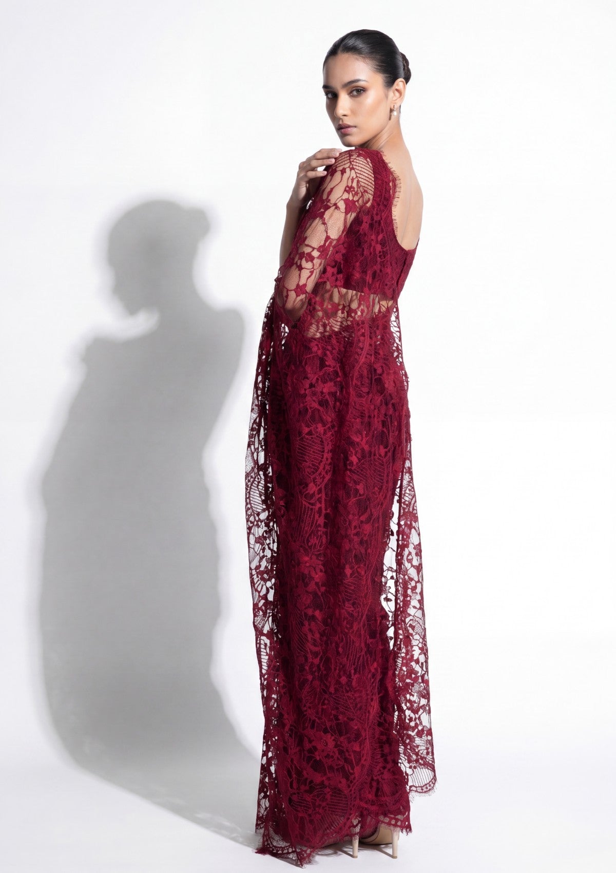 Fancy Chantilly Lace Saree - Burgundy