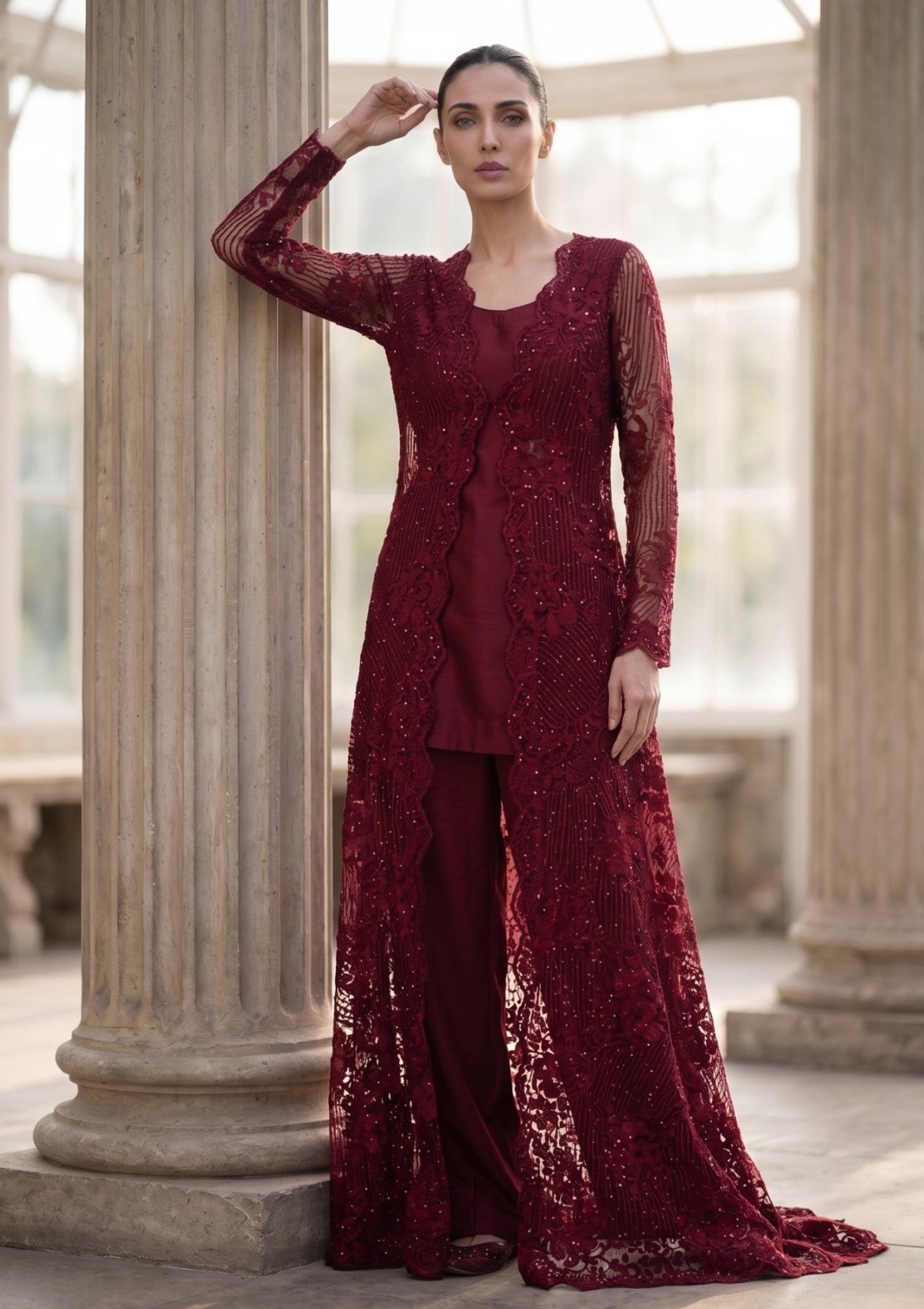 Fancy Chantilly Lace Saree - Maroon