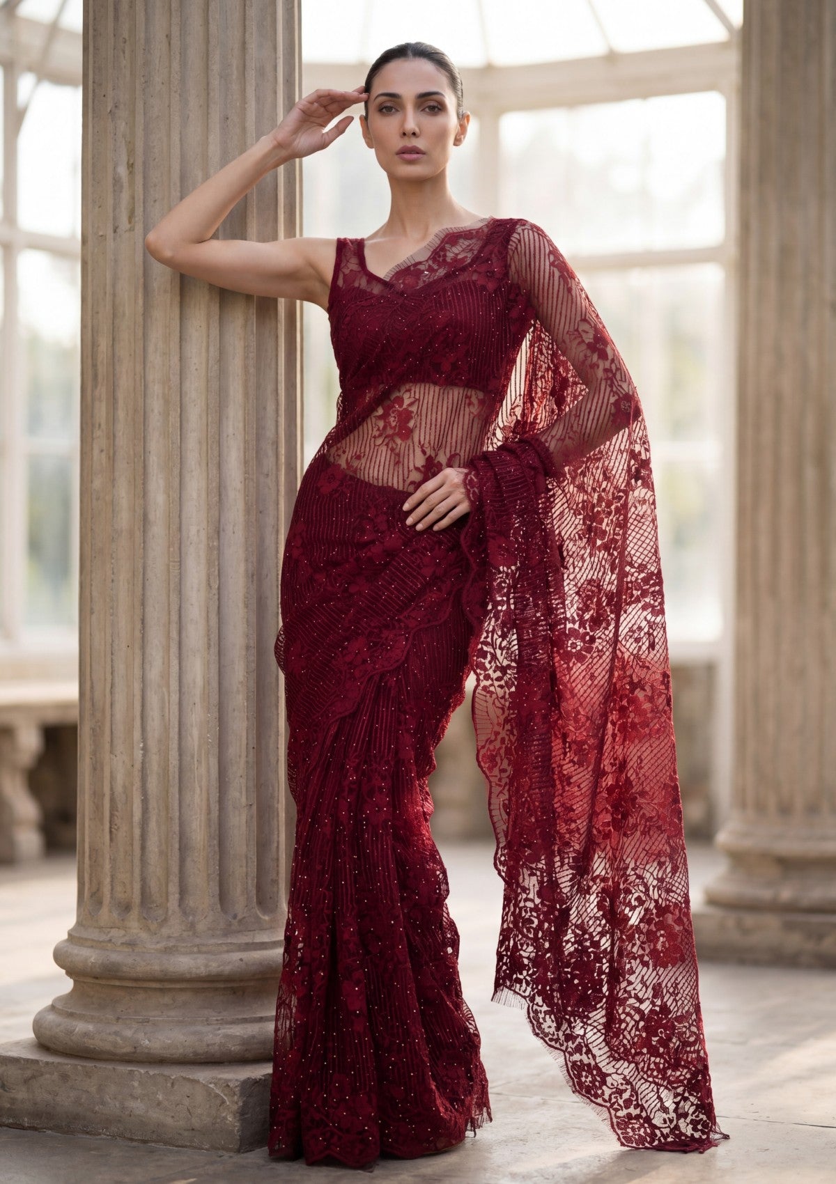 Fancy Chantilly Lace Saree - Maroon