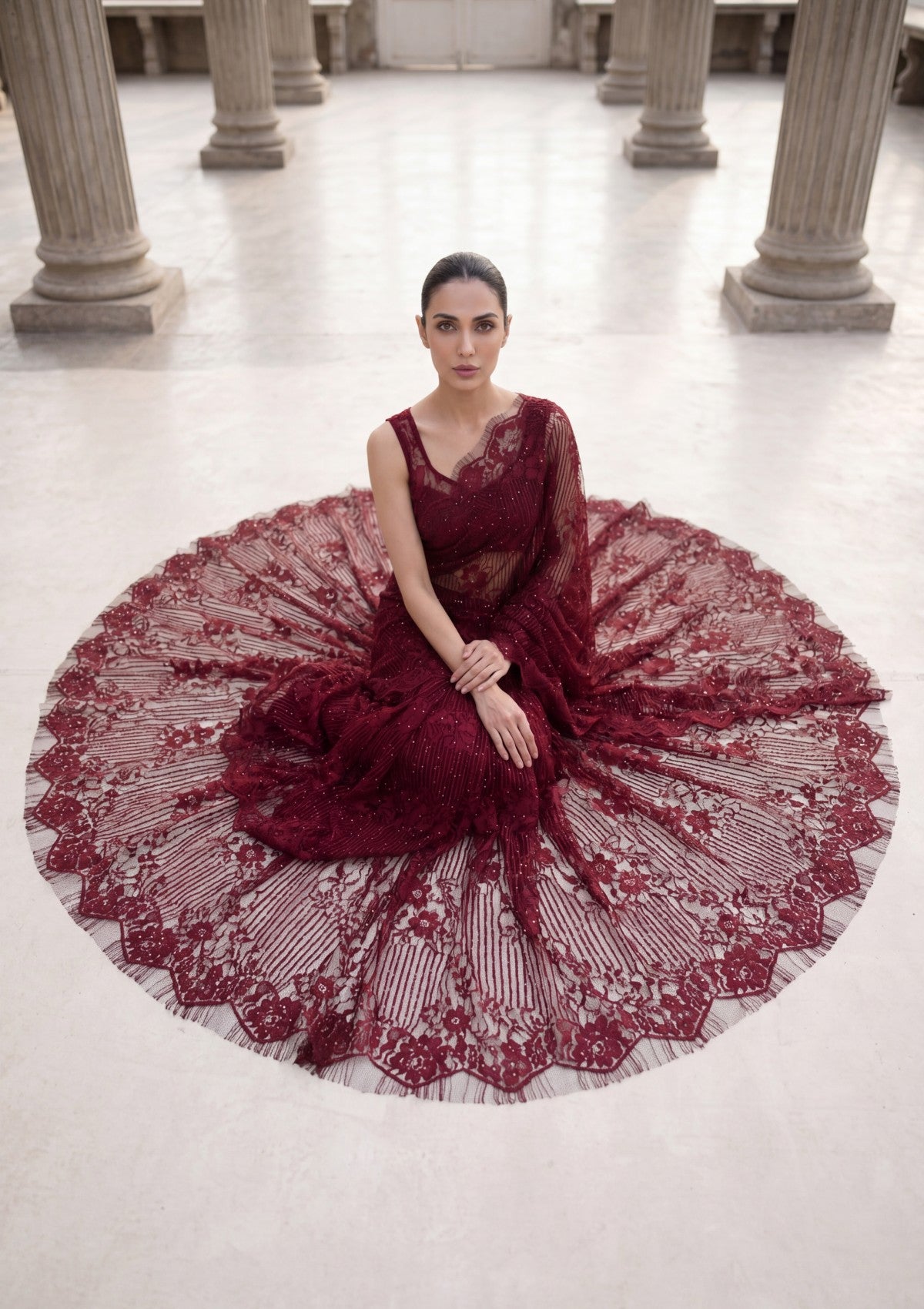 Fancy Chantilly Lace Saree - Maroon